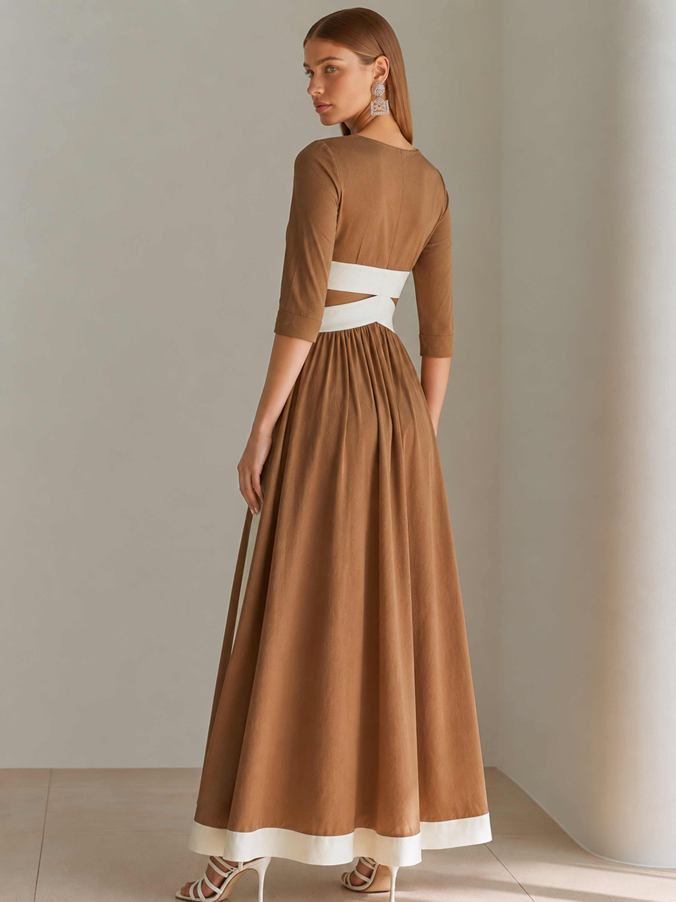 Caramel & White Cross Belt V-Neck Midi Maxi Dress With Elbow Sleeves