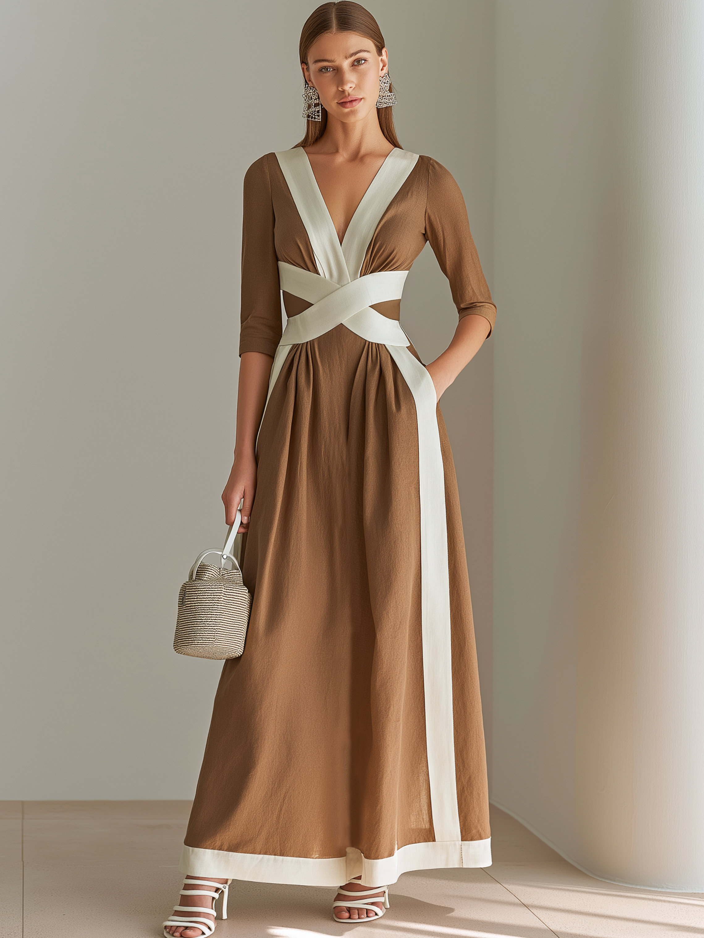 Caramel & White Cross Belt V-Neck Midi Maxi Dress With Elbow Sleeves