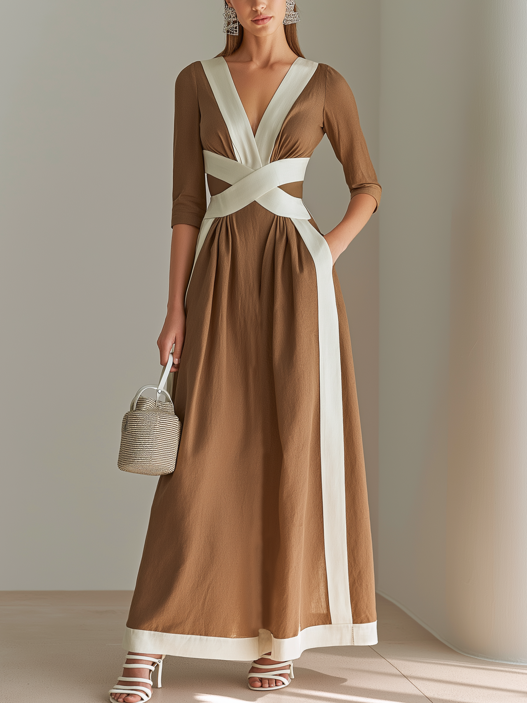 Caramel & White Cross Belt V-Neck Midi Maxi Dress With Elbow Sleeves