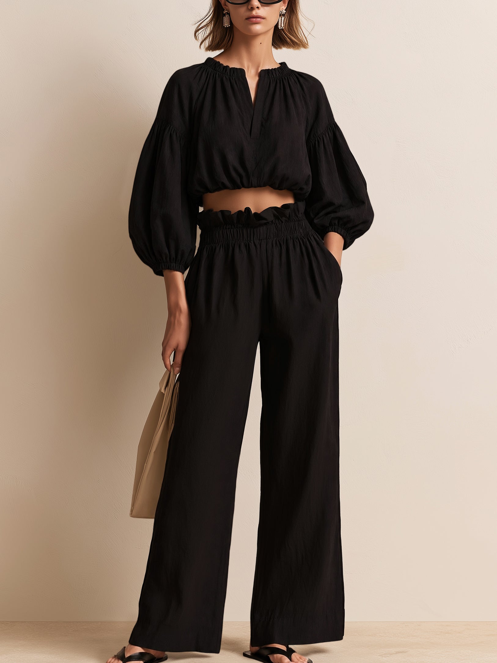 Elegant 3/4 Sleeve Ruffle Blouse & Wide-Leg Trousers Set