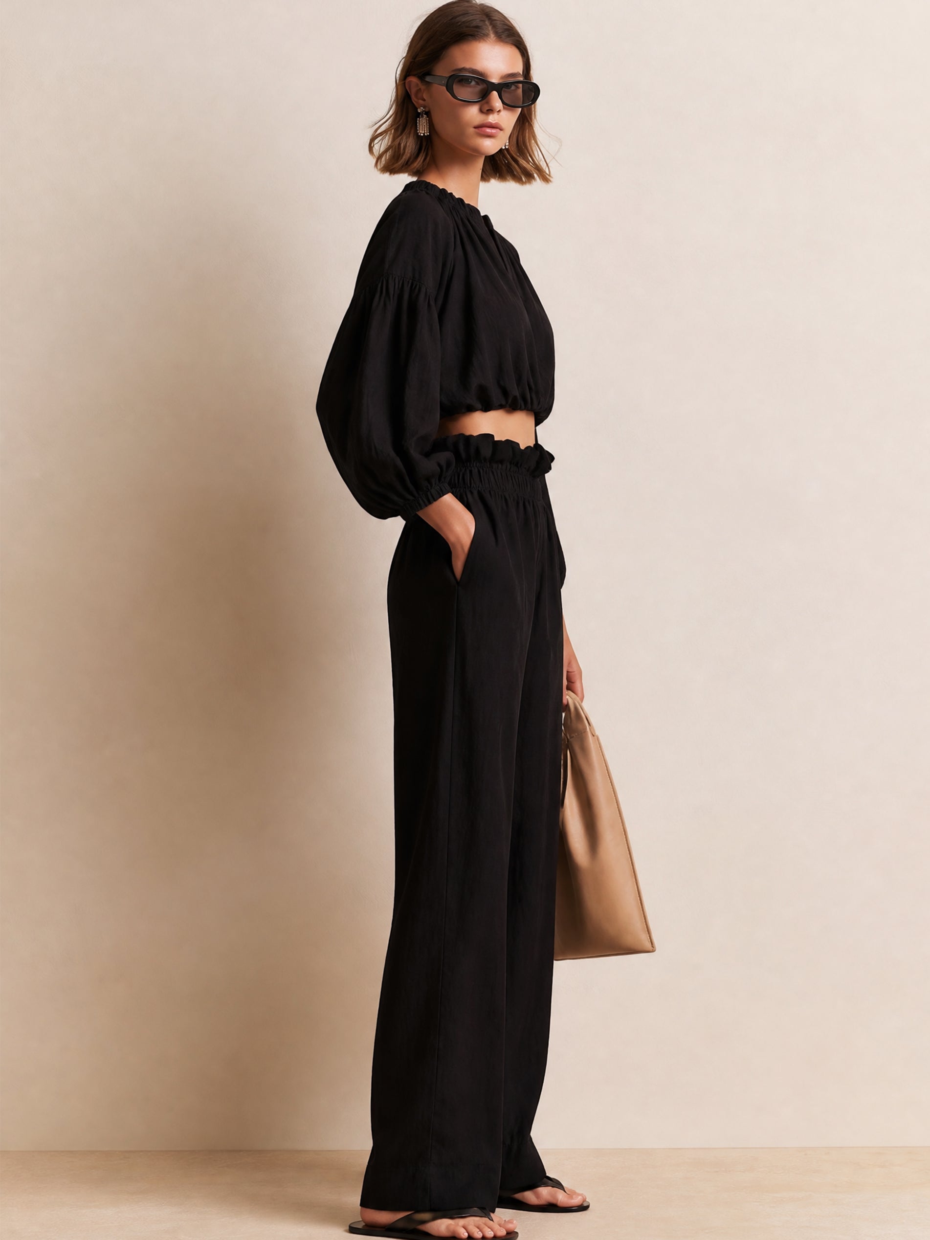 Elegant 3/4 Sleeve Ruffle Blouse & Wide-Leg Trousers Set