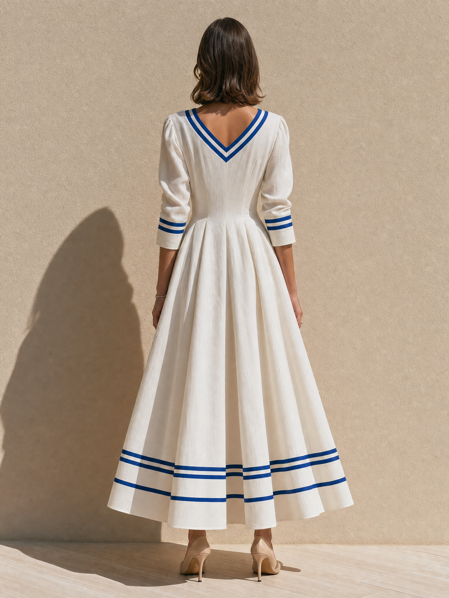 White Linen Maxi Skirt With Blue Stripes.