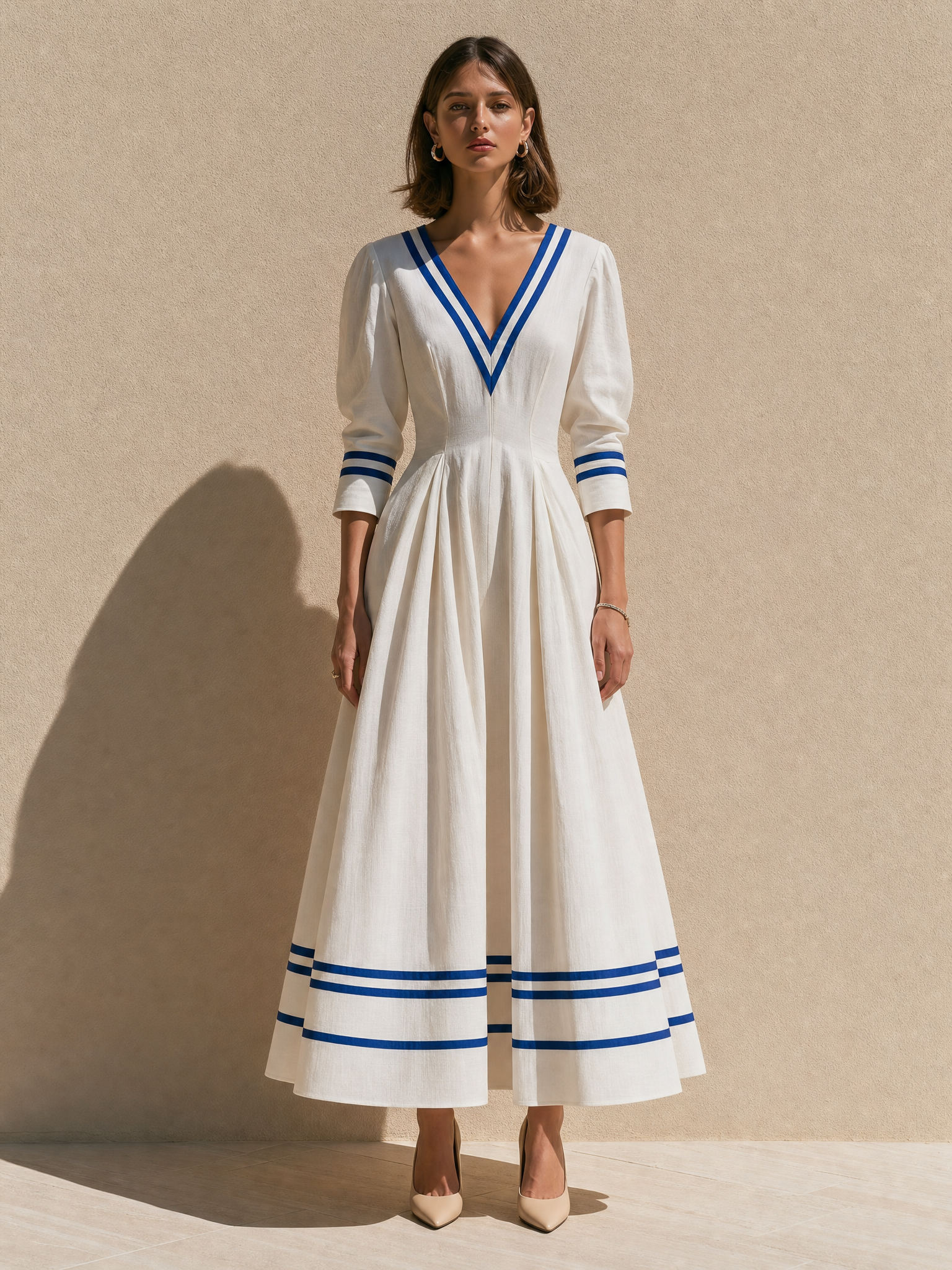 White Linen Maxi Skirt With Blue Stripes.