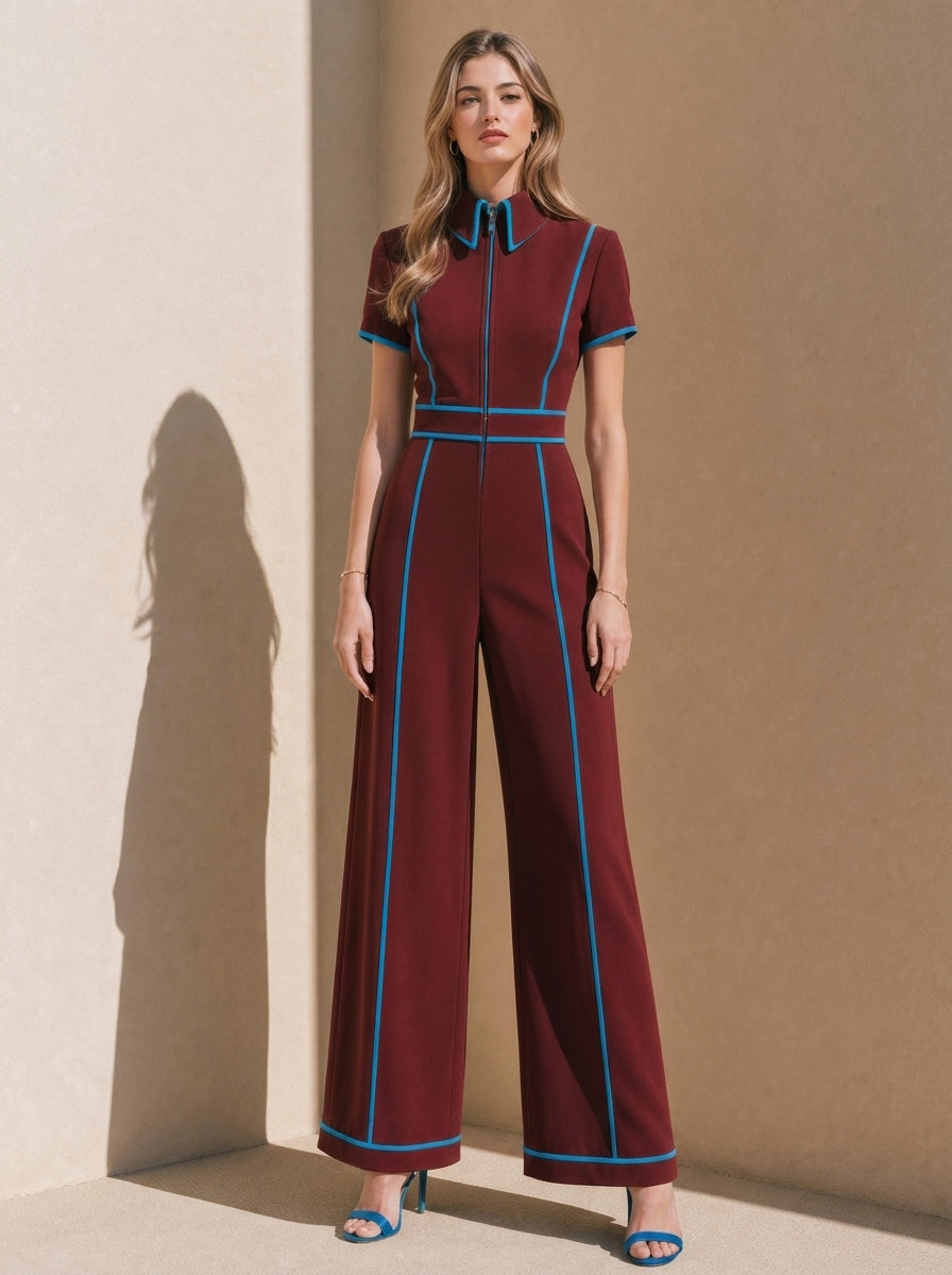 Red And Blue Color-blocked Linen Jumpsuit With Blue Piping
