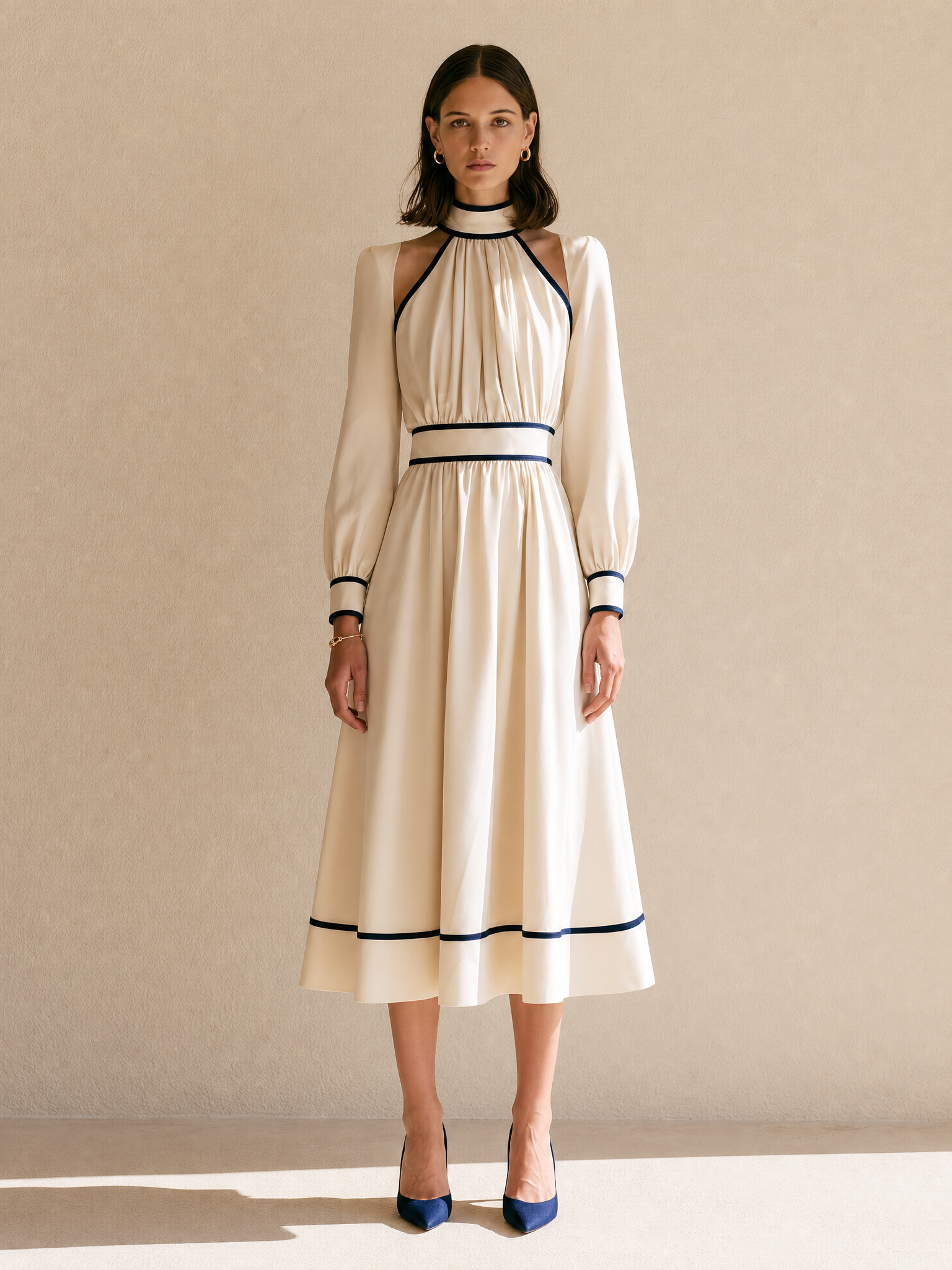 White Long-sleeved Halter Dress
