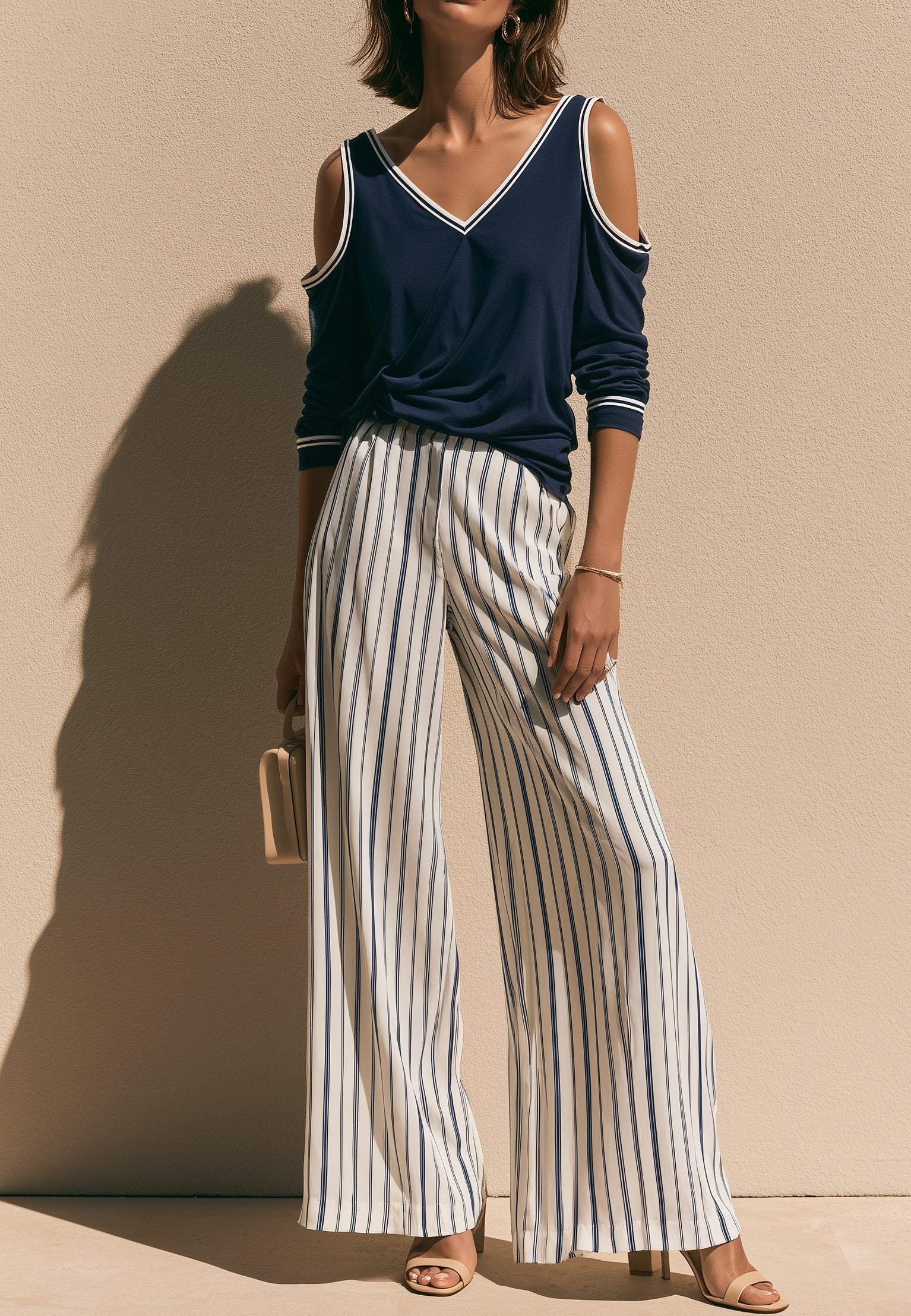 Navy Blue Off-the-shoulder Long-sleeve Matching Set