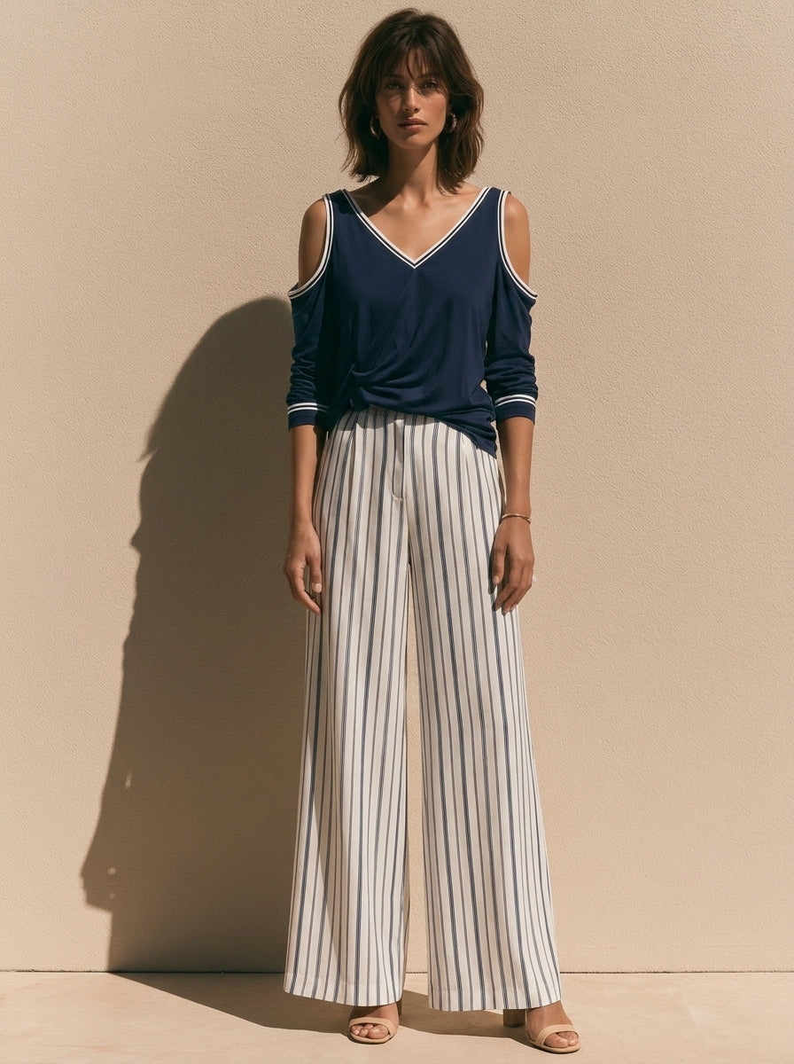 Navy Blue Off-the-shoulder Long-sleeve Matching Set