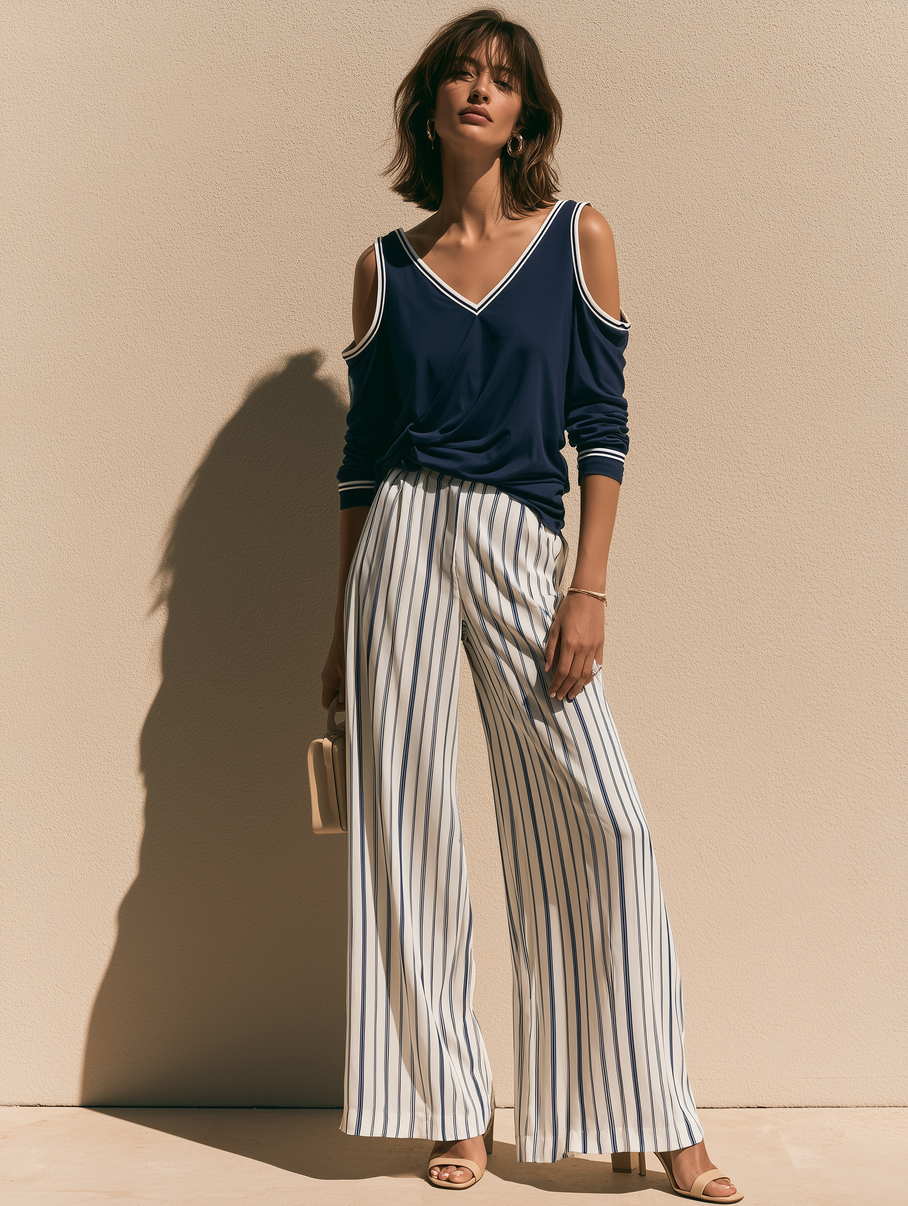 Navy Blue Off-the-shoulder Long-sleeve Matching Set