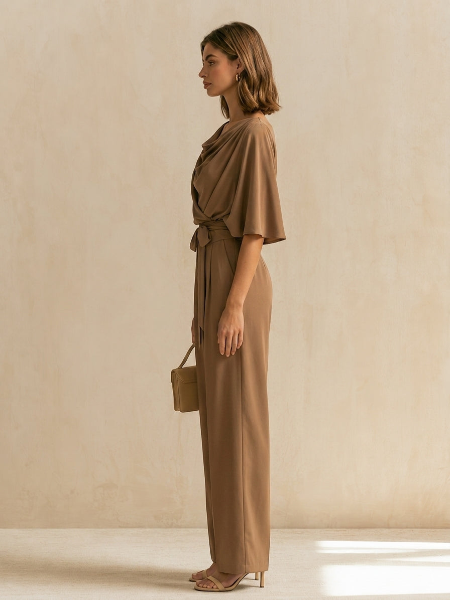 Brown Linen Set With A Cowl Neck