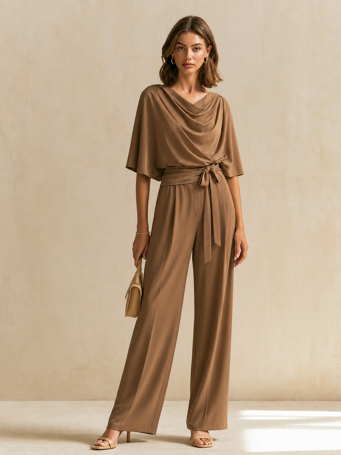 Brown Linen Set With A Cowl Neck