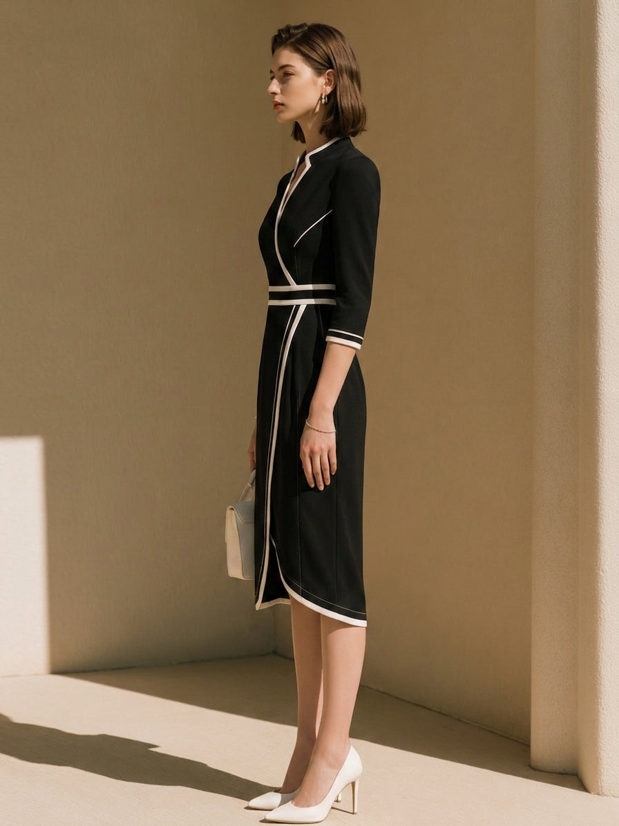 Black And White Color-block Striped Dress