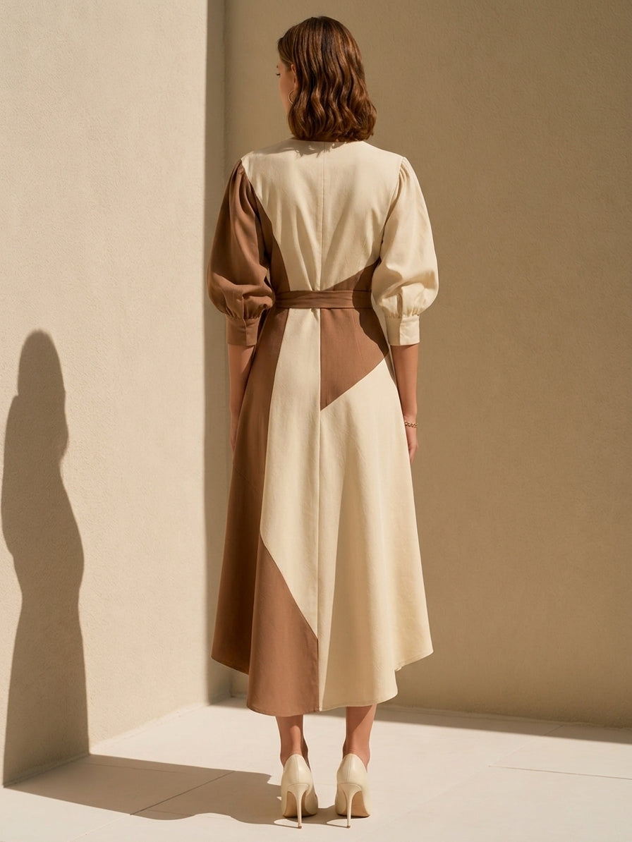 White And Brown Color-block V-neck Maxi Dress