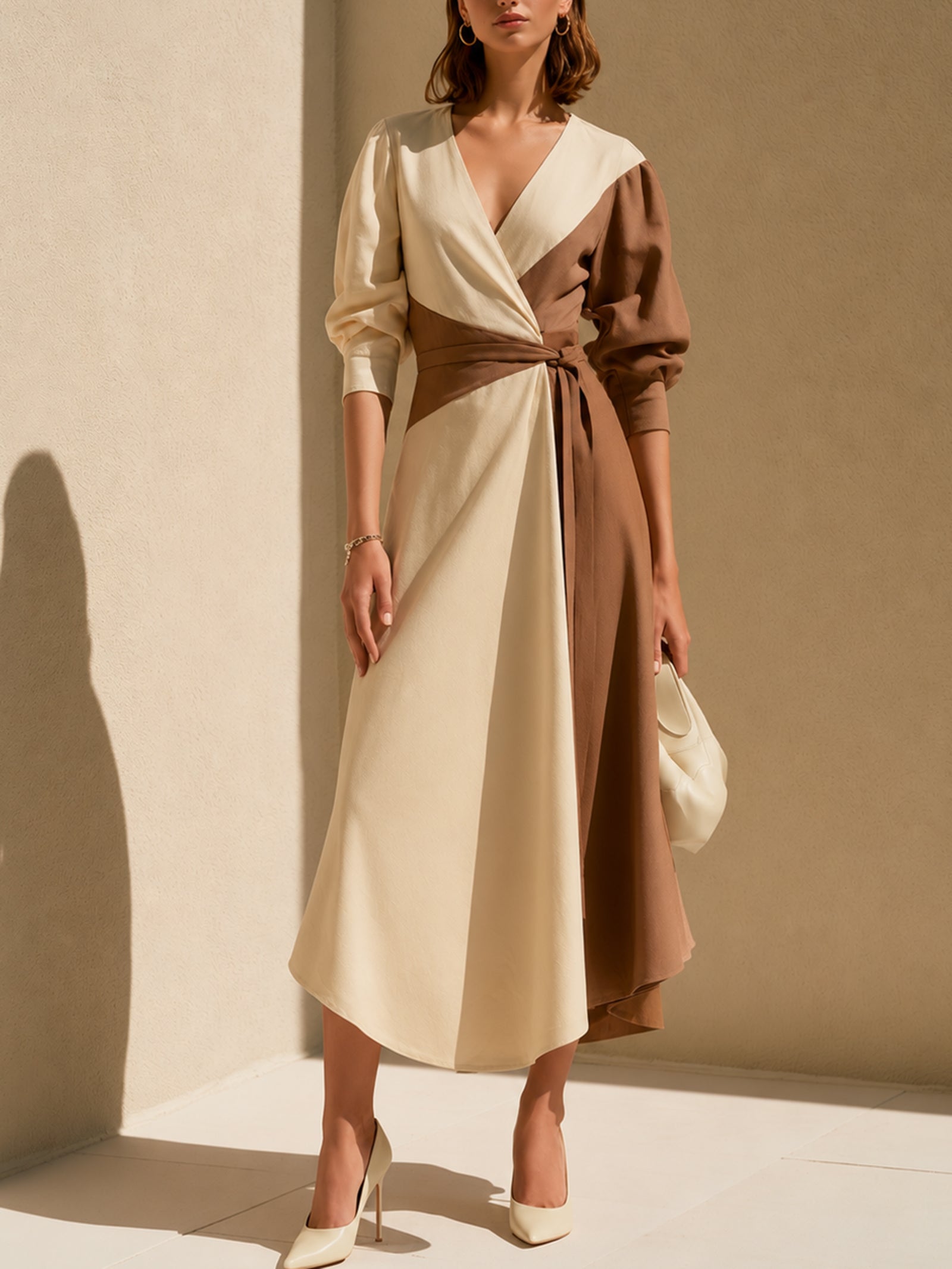 White And Brown Color-block V-neck Maxi Dress