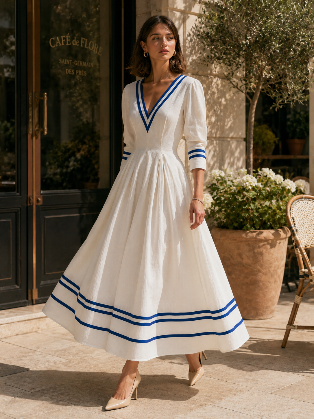 White Linen Maxi Skirt With Blue Stripes.