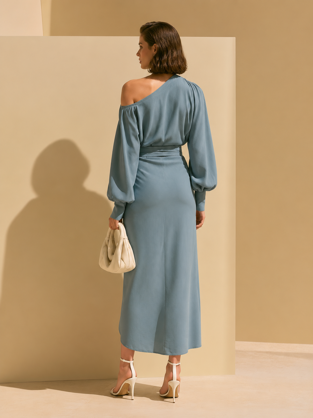 Elegant Blue Linen Blend Off-Shoulder Long Sleeve Midi Dress