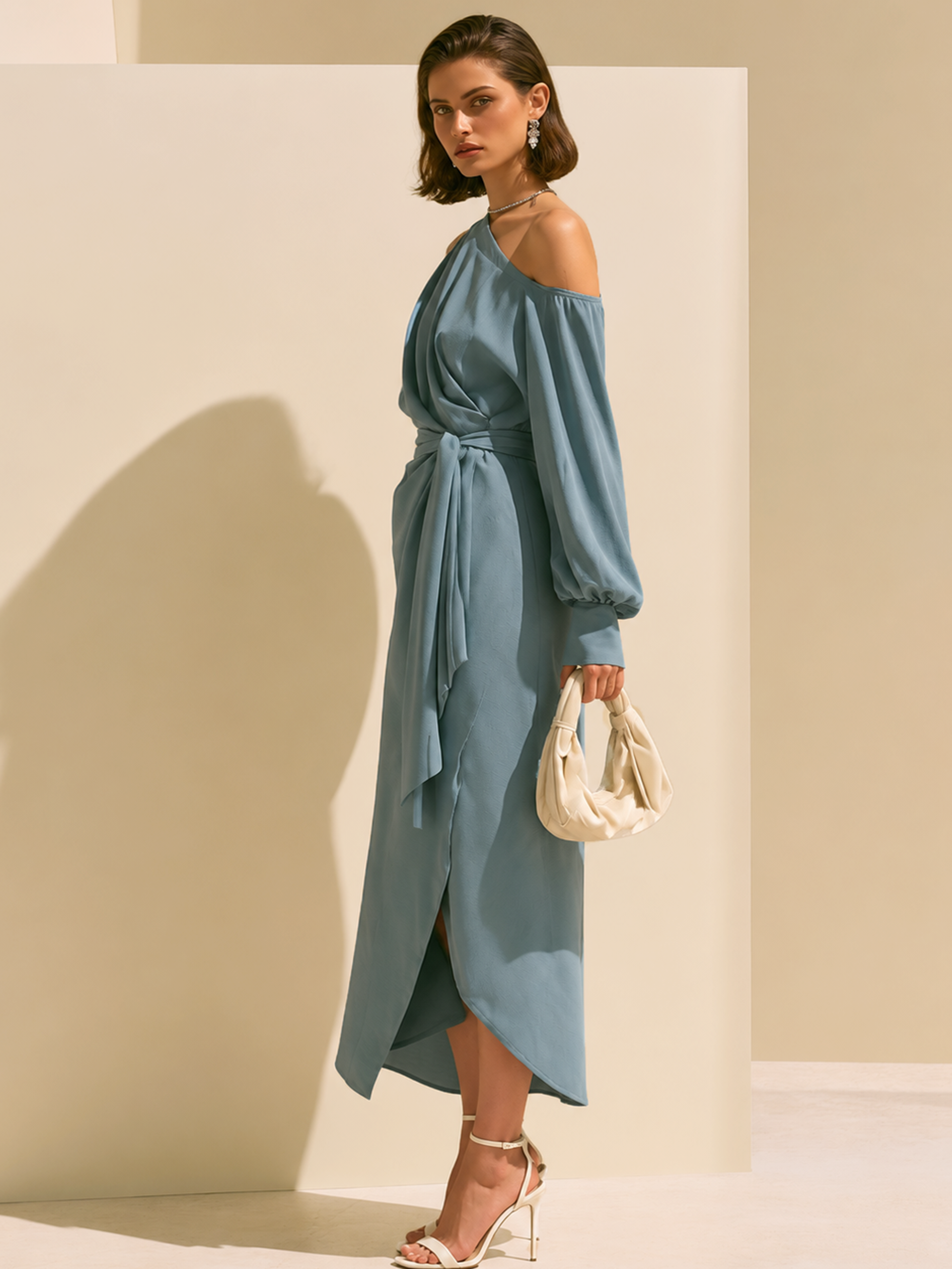 Elegant Blue Linen Blend Off-Shoulder Long Sleeve Midi Dress