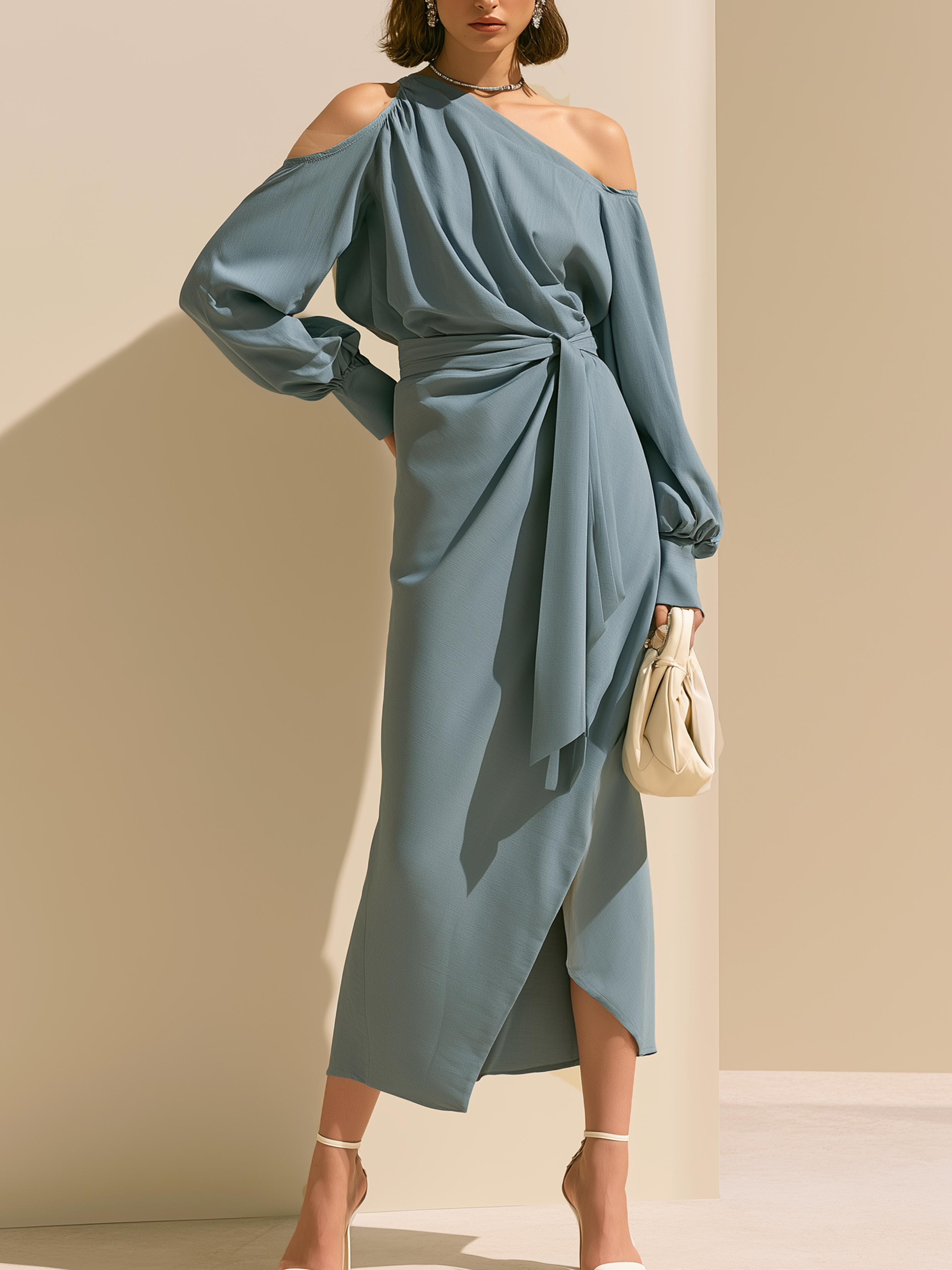 Elegant Blue Linen Blend Off-Shoulder Long Sleeve Midi Dress