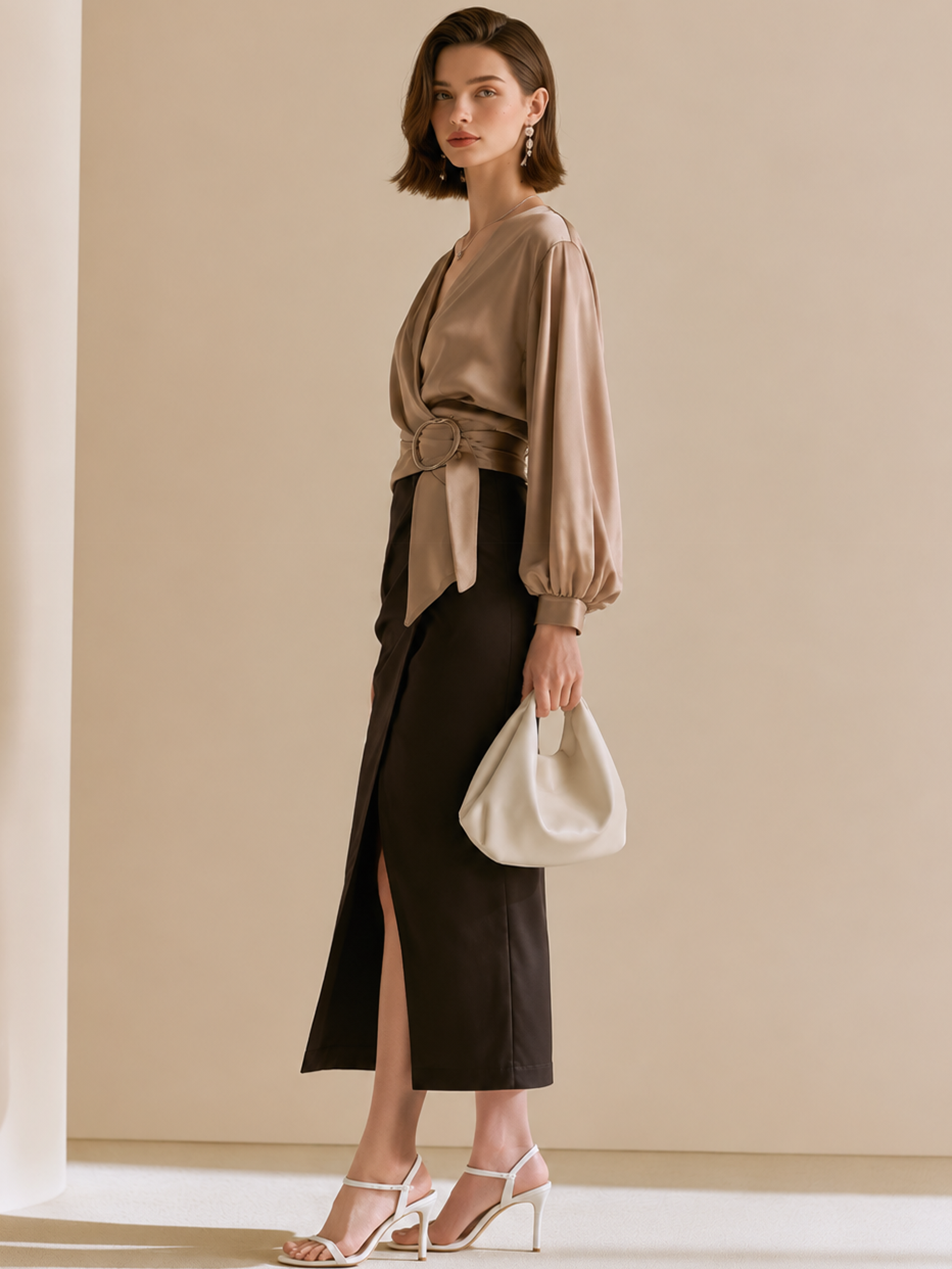 Elegant Taupe Wrap Blouse & High Slit Midi Skirt Set