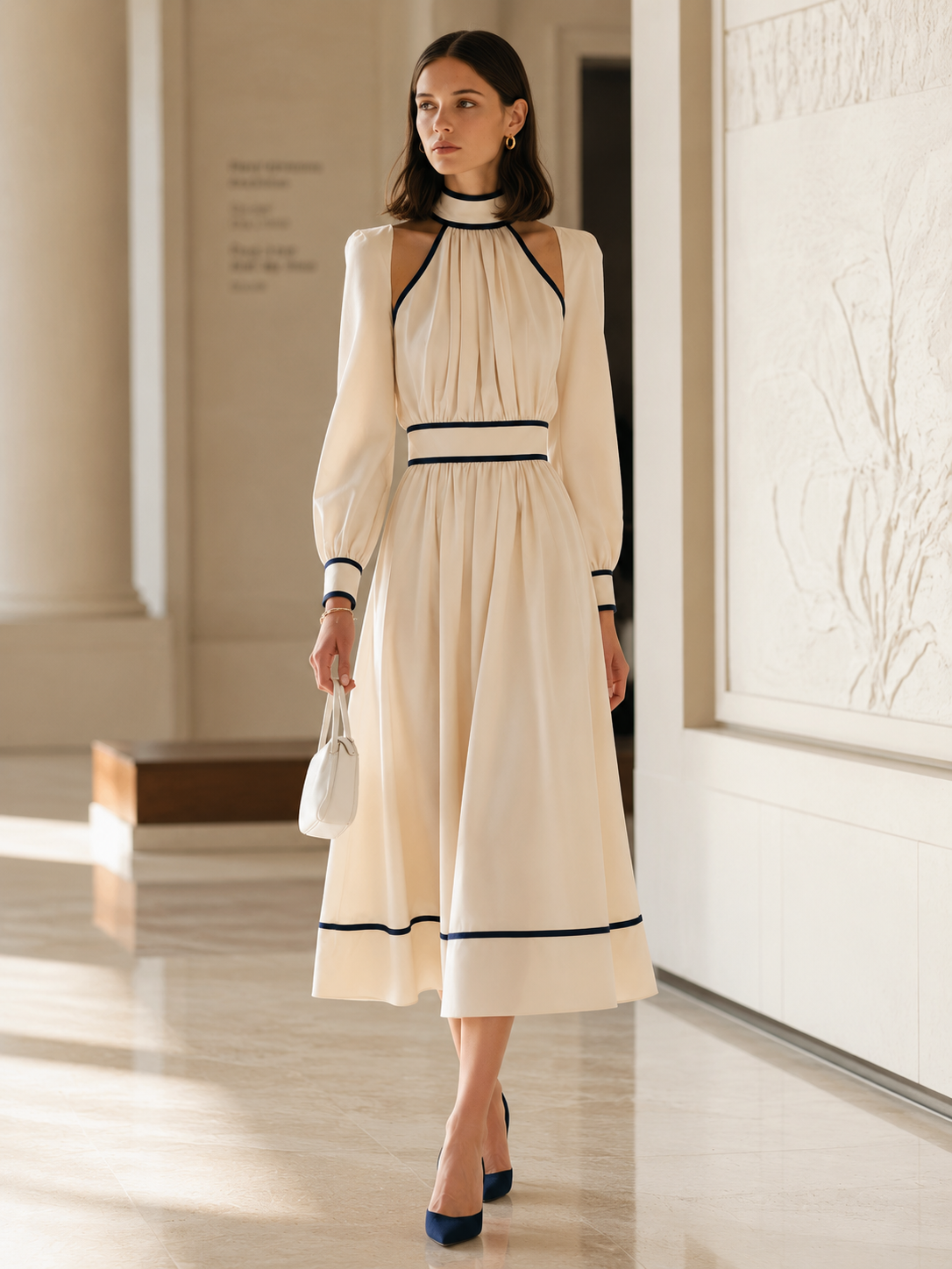 White Long-sleeved Halter Dress