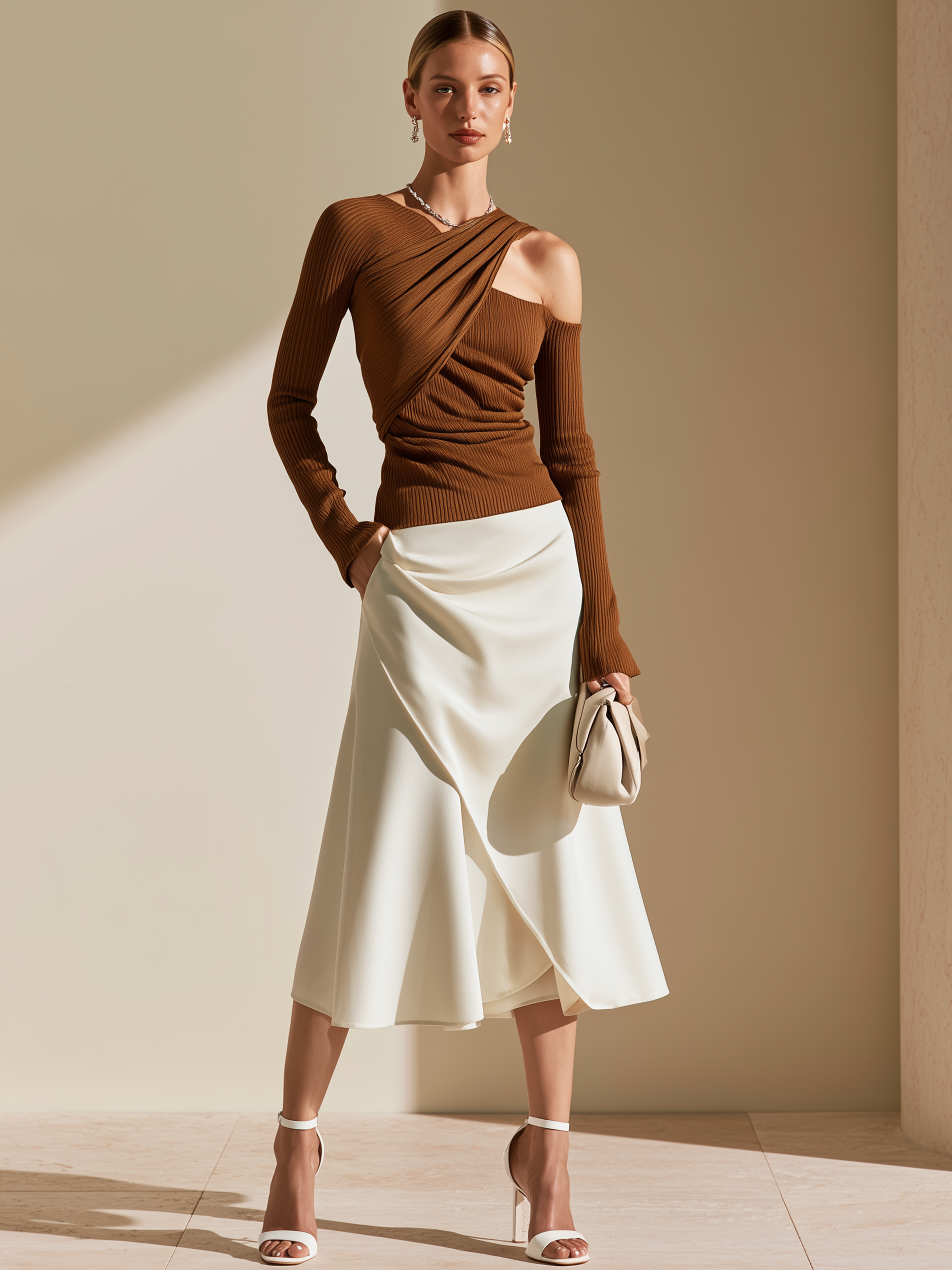 Elegant Brown Ribbed Off-Shoulder Top & White Asymmetric Midi Skirt Set