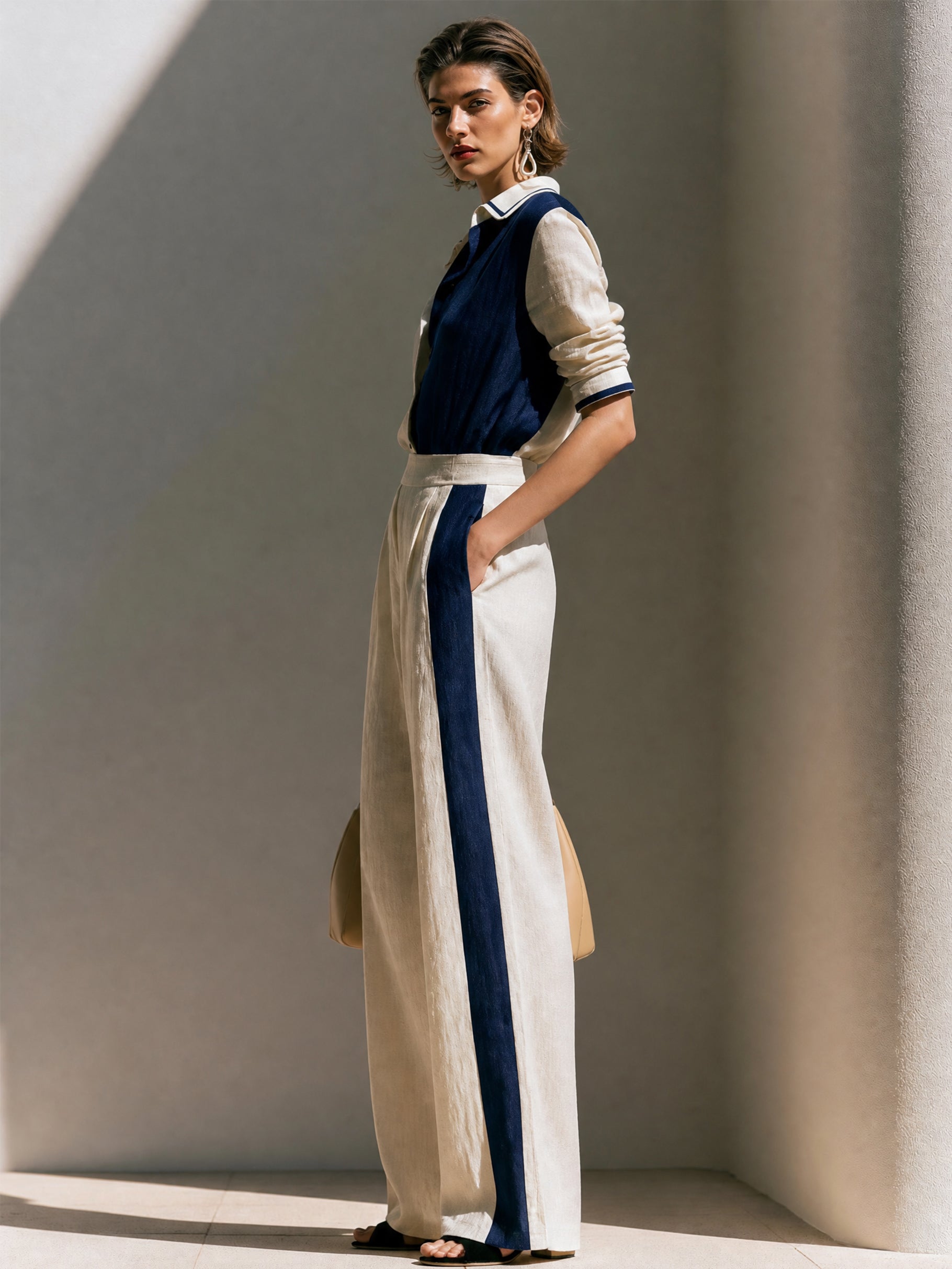 Linen Contrast Panel Collared Shirt & Wide Leg Trousers Set