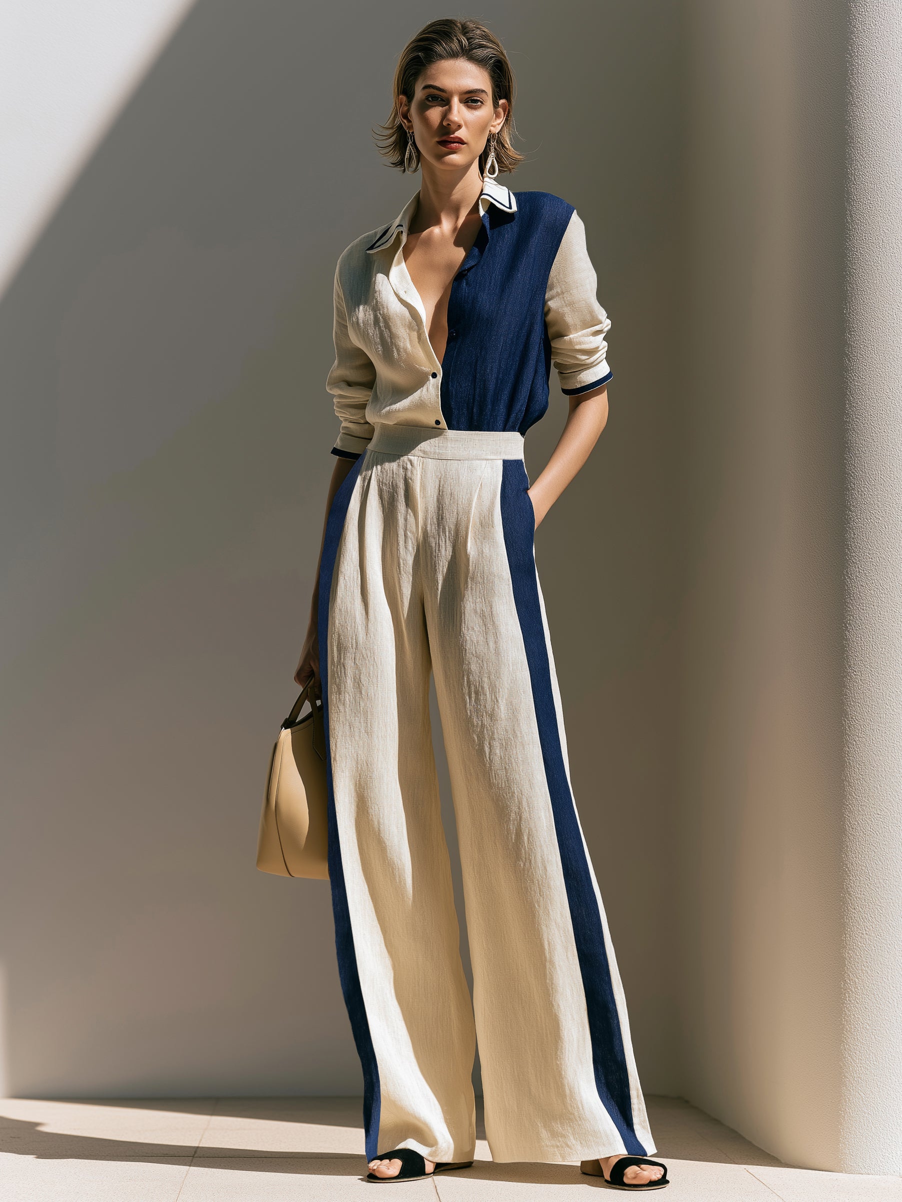 Linen Contrast Panel Collared Shirt & Wide Leg Trousers Set