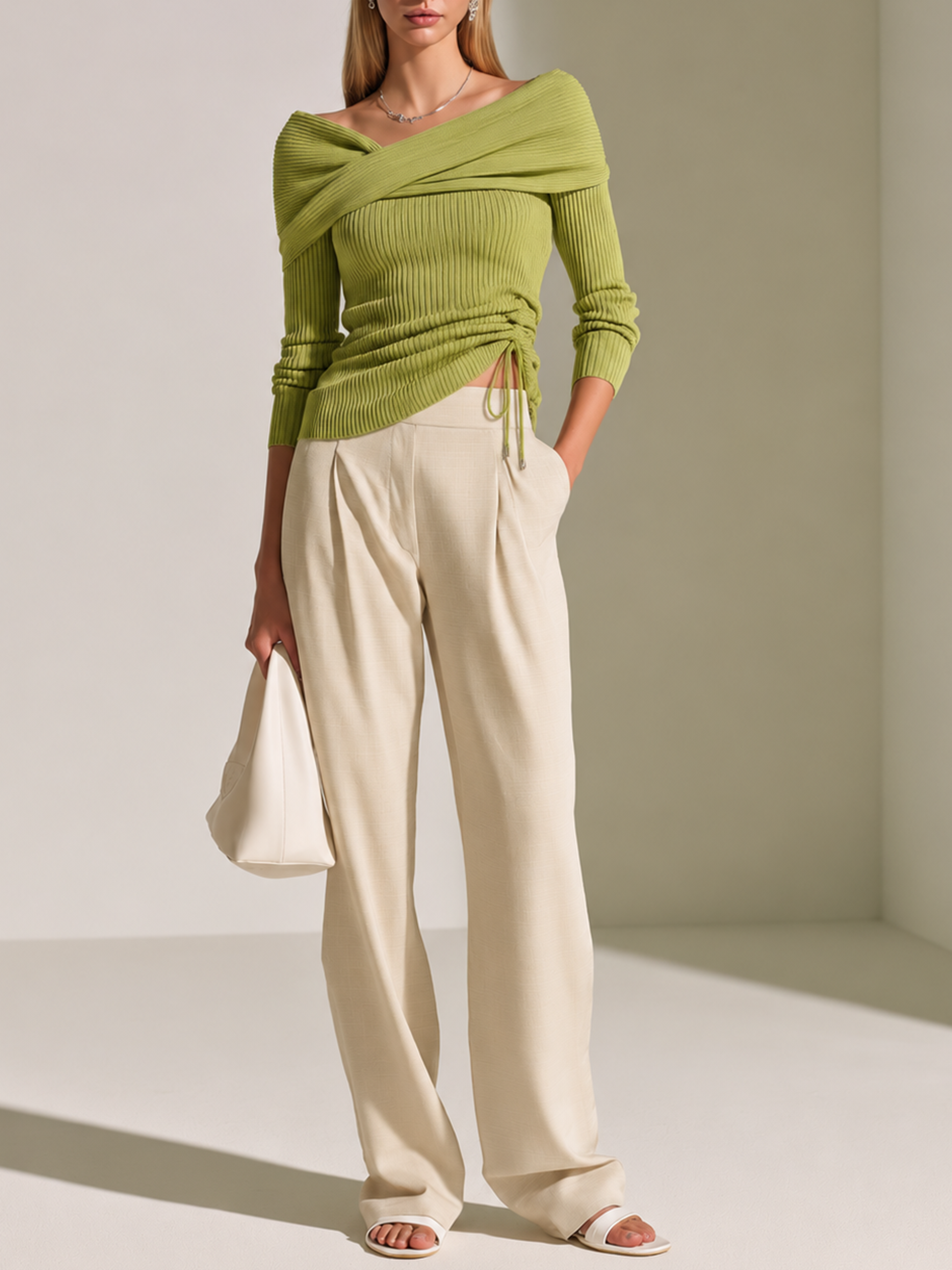 Elegant Green Ribbed Off-Shoulder Knit Top & White Tailored Wide-Leg Pants Set