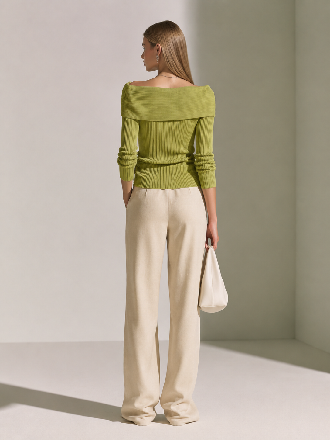 Elegant Green Ribbed Off-Shoulder Knit Top & White Tailored Wide-Leg Pants Set