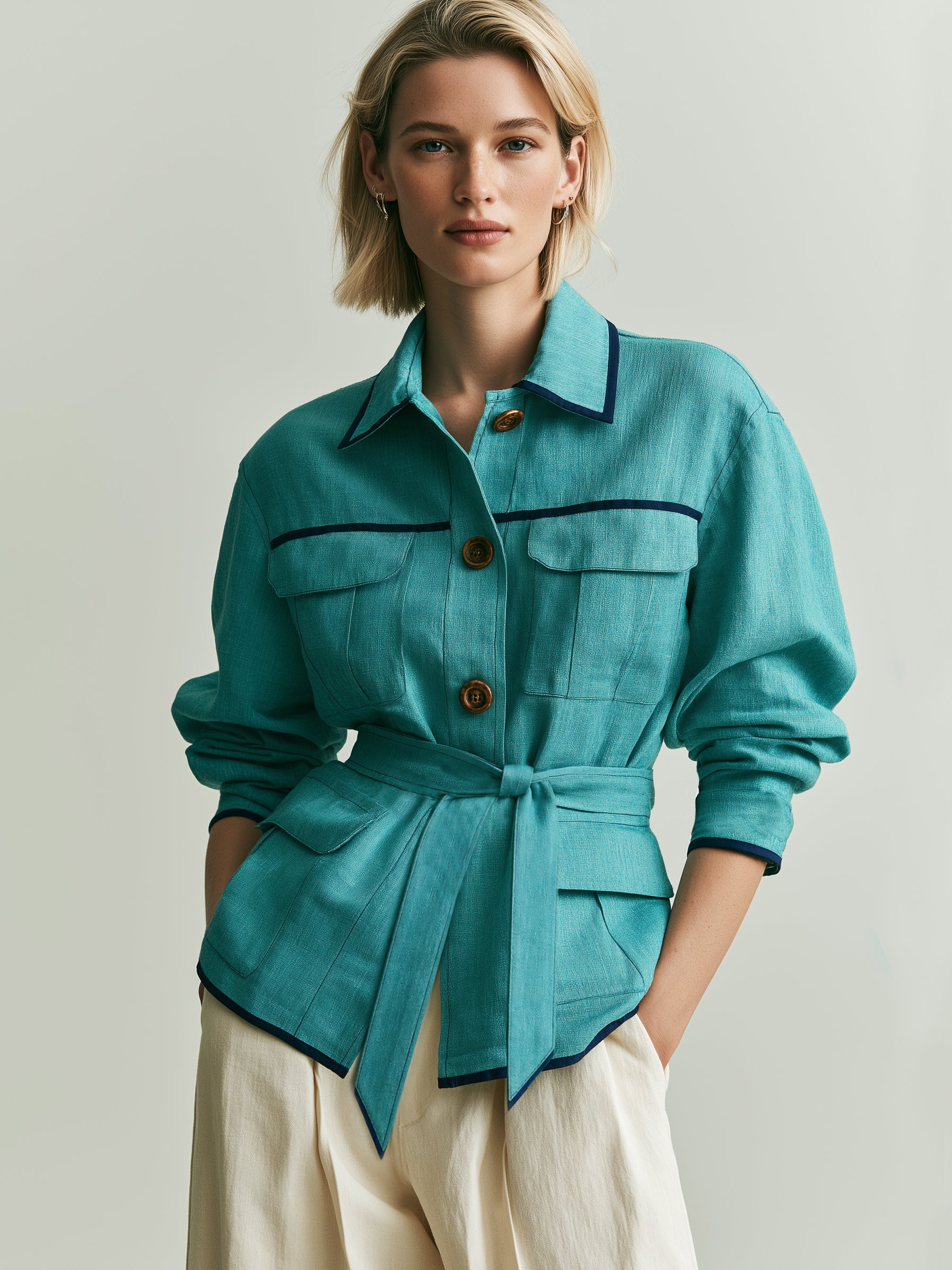 Linen Turquoise Casual & Resort Jacket With Contrast Piping
