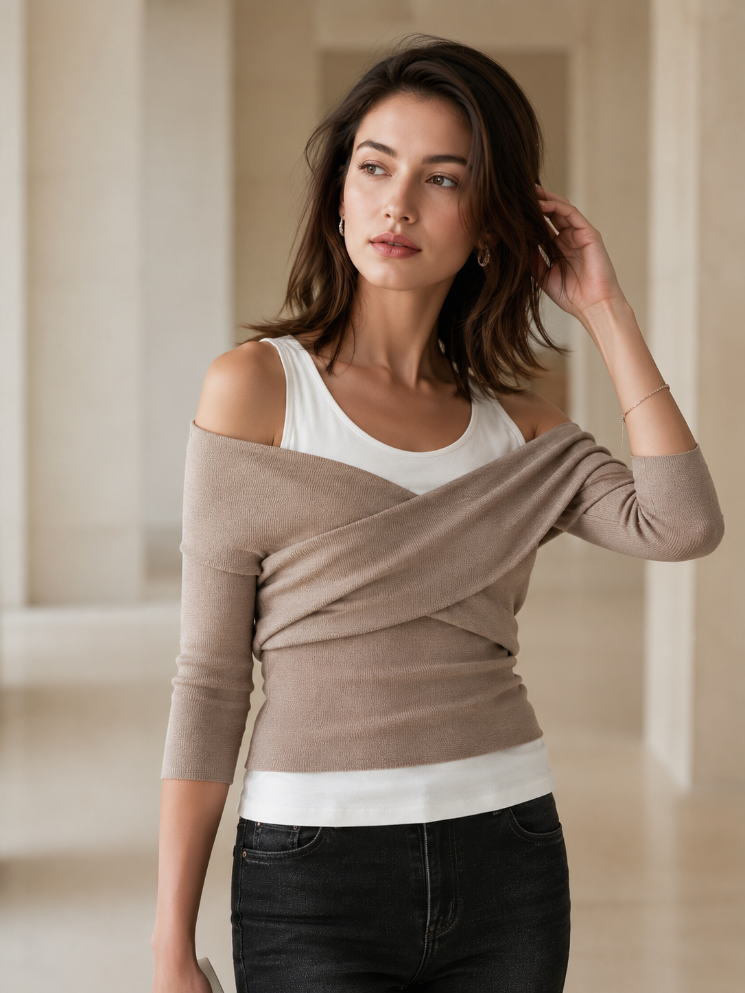 Khaki Knit Top With A Faux-layered Look