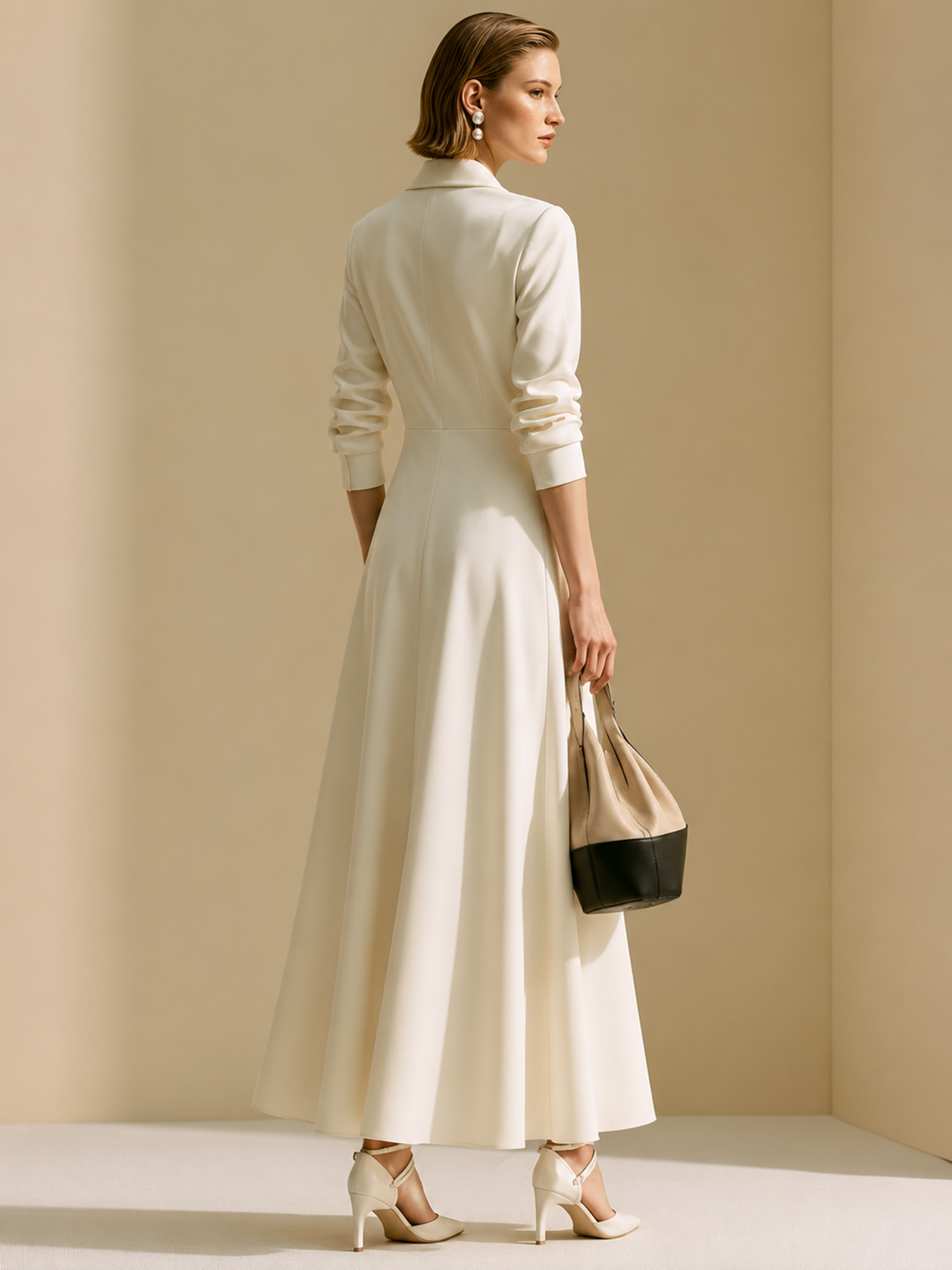 Cream White Lapel Wrap Waist Draped Maxi Dress