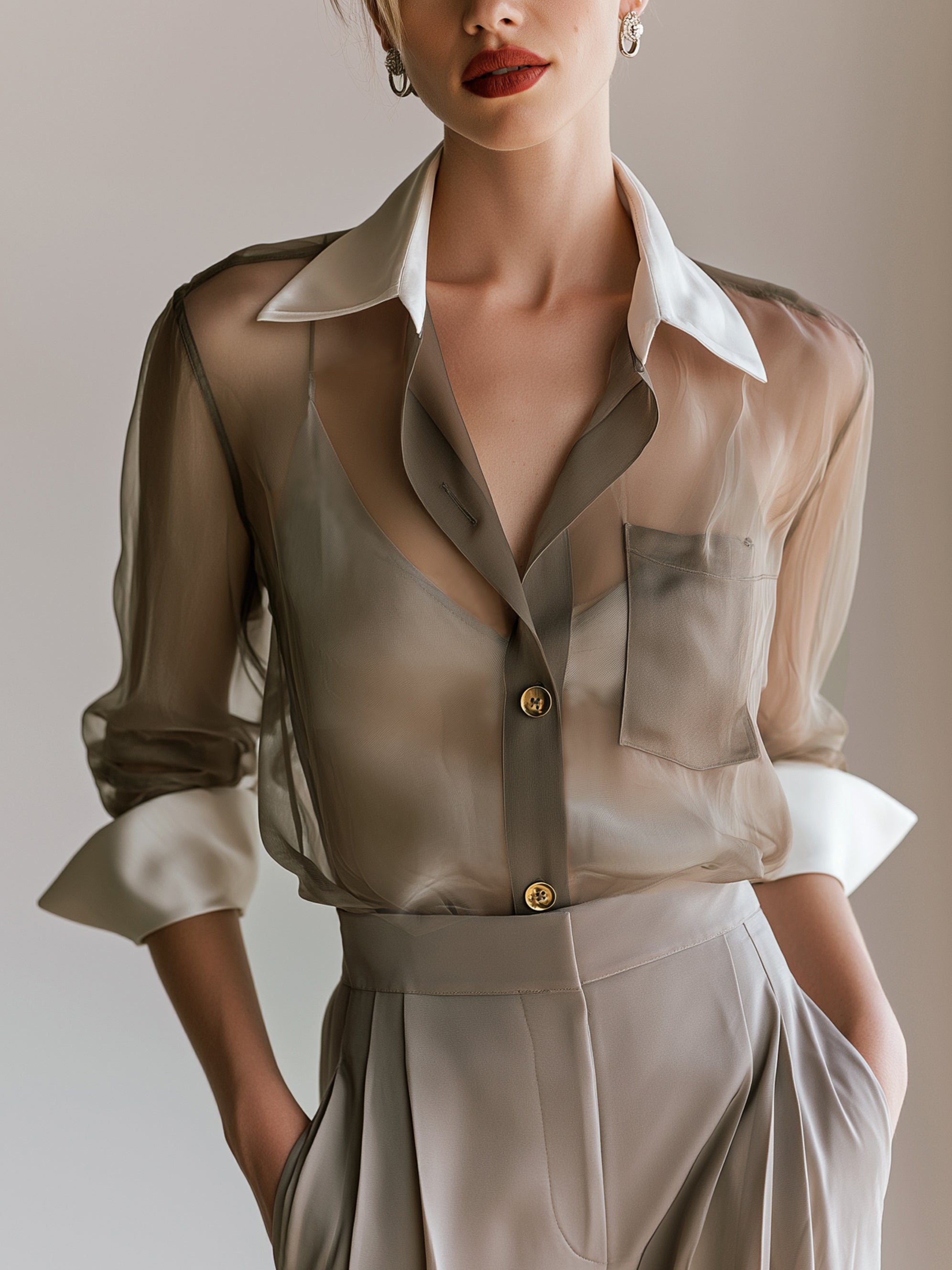 Chiffon Long Sleeve Contrast Shirt And Camisole Set