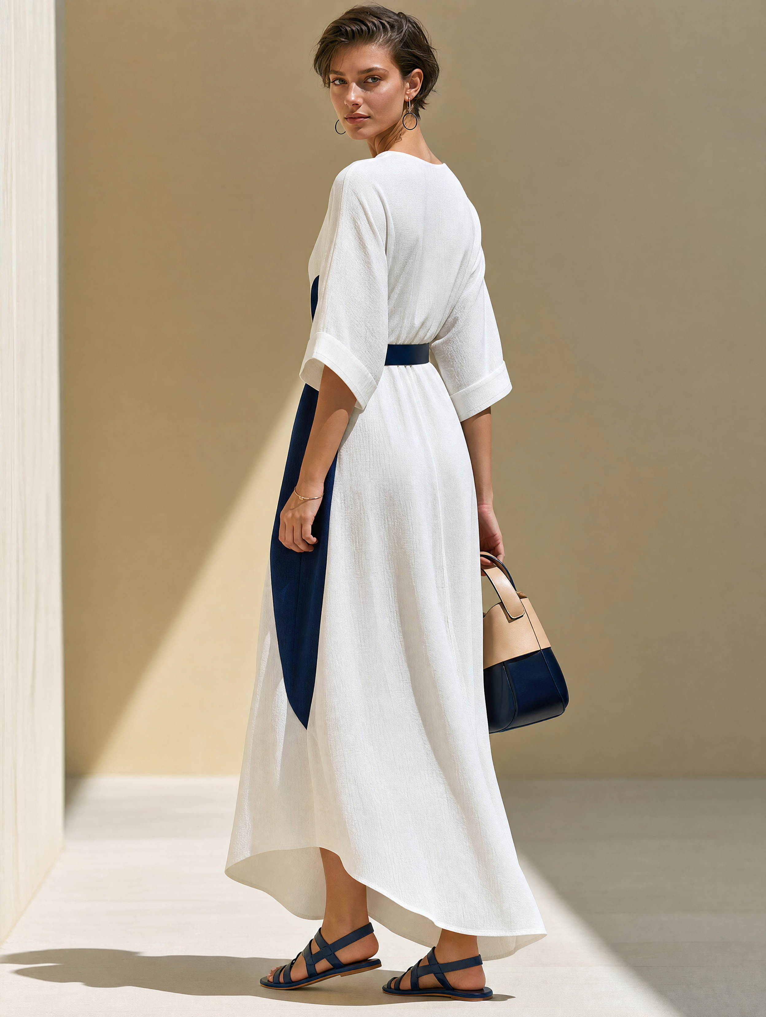 White Navy Color Block V-neck Maxi Dress Maxi Gown
