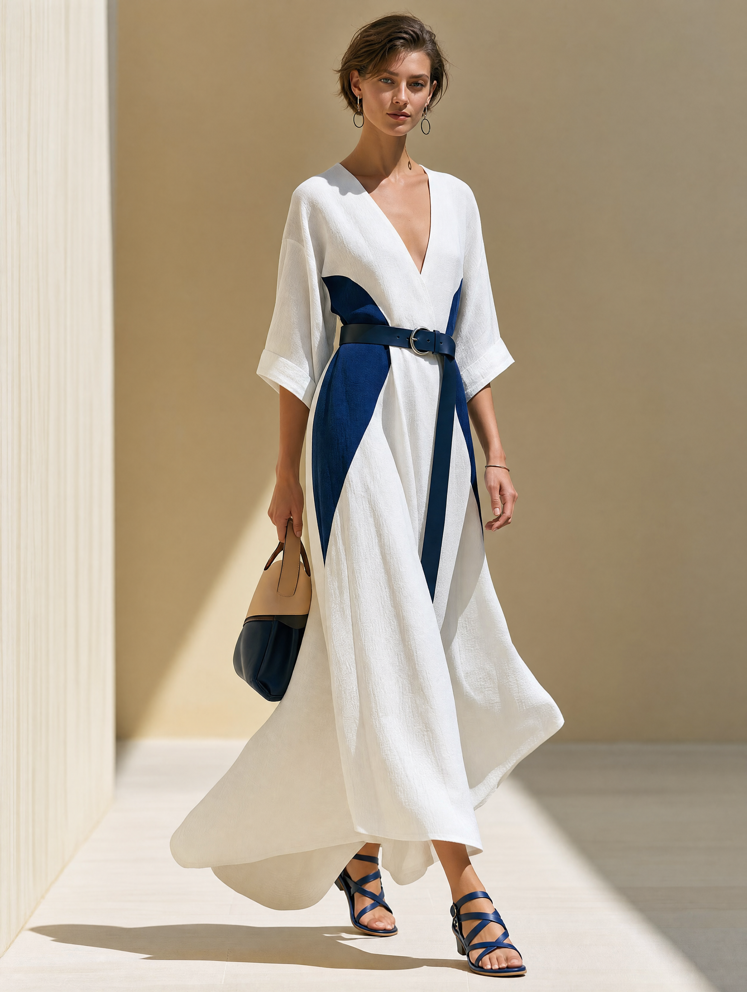 White Navy Color Block V-neck Maxi Dress Maxi Gown