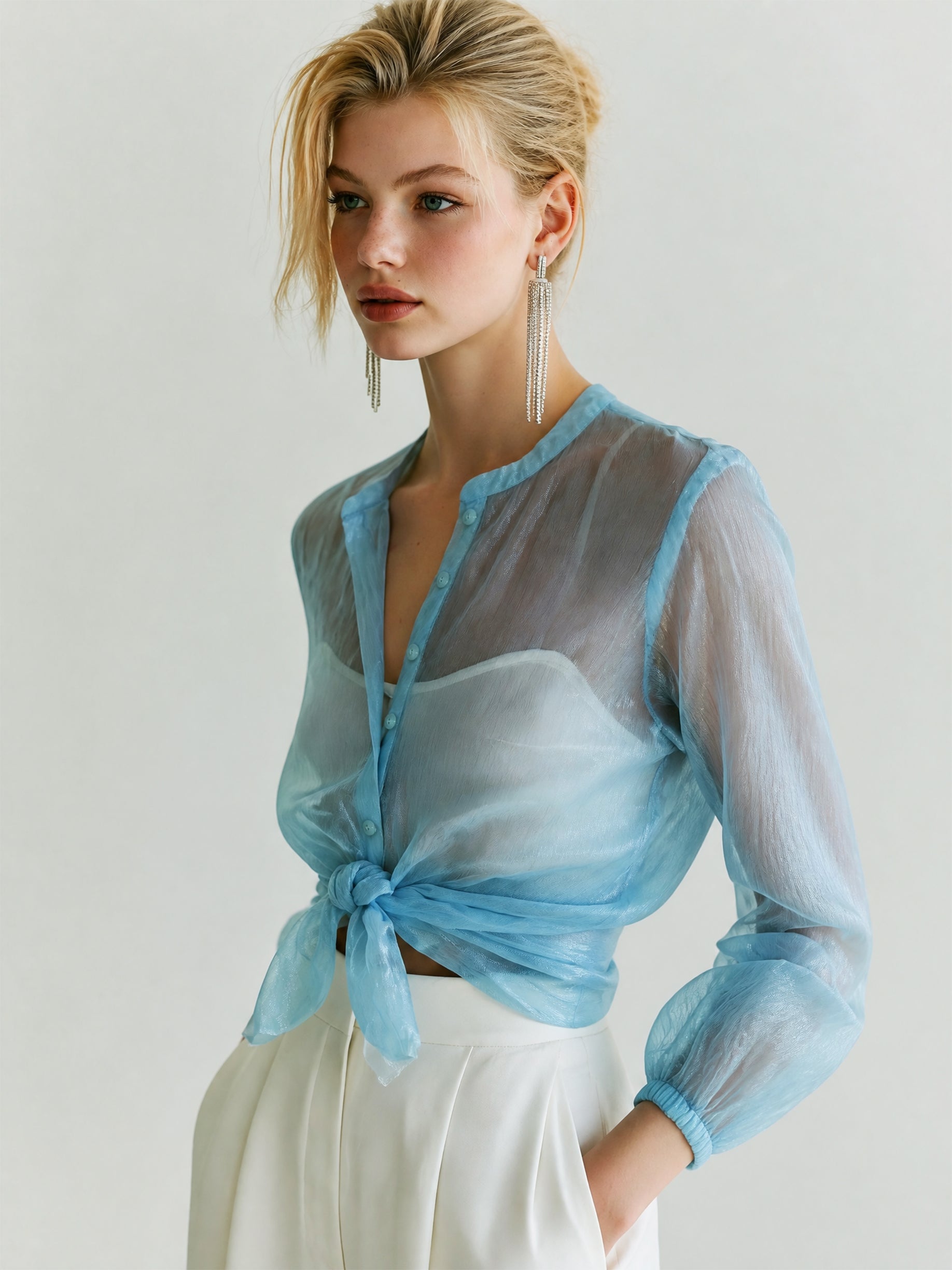 Sheer Shimmer Tie Hem Blouse With Camisole