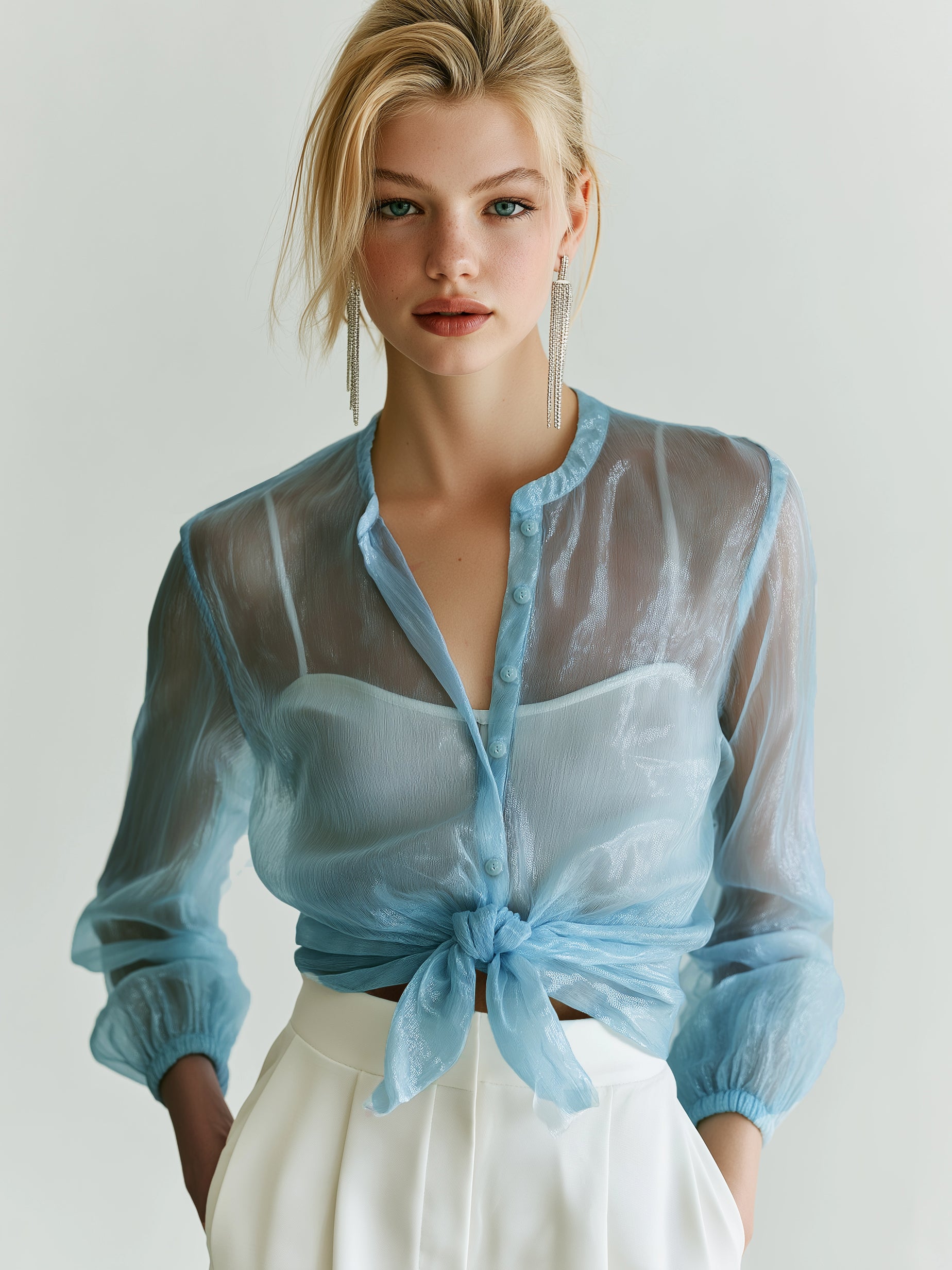 Sheer Shimmer Tie Hem Blouse With Camisole