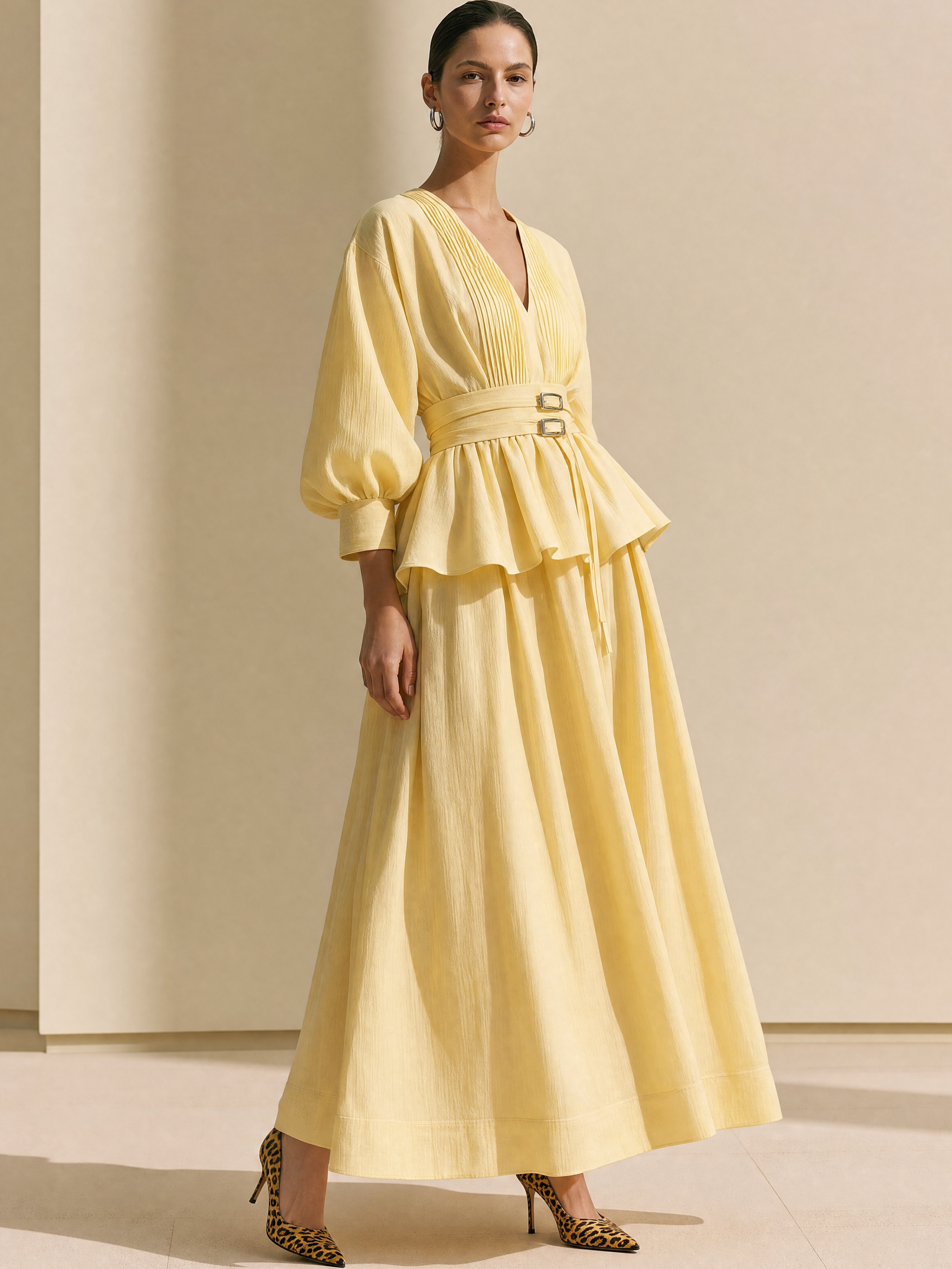 Cream Yellow Pleated Puff Sleeve Two-Piece Set