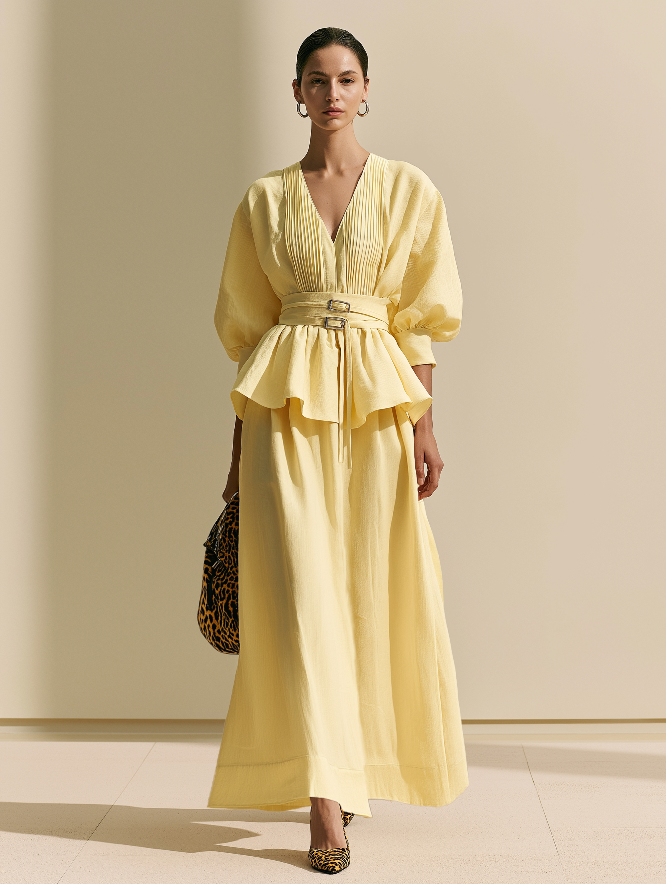 Cream Yellow Pleated Puff Sleeve Two-Piece Set
