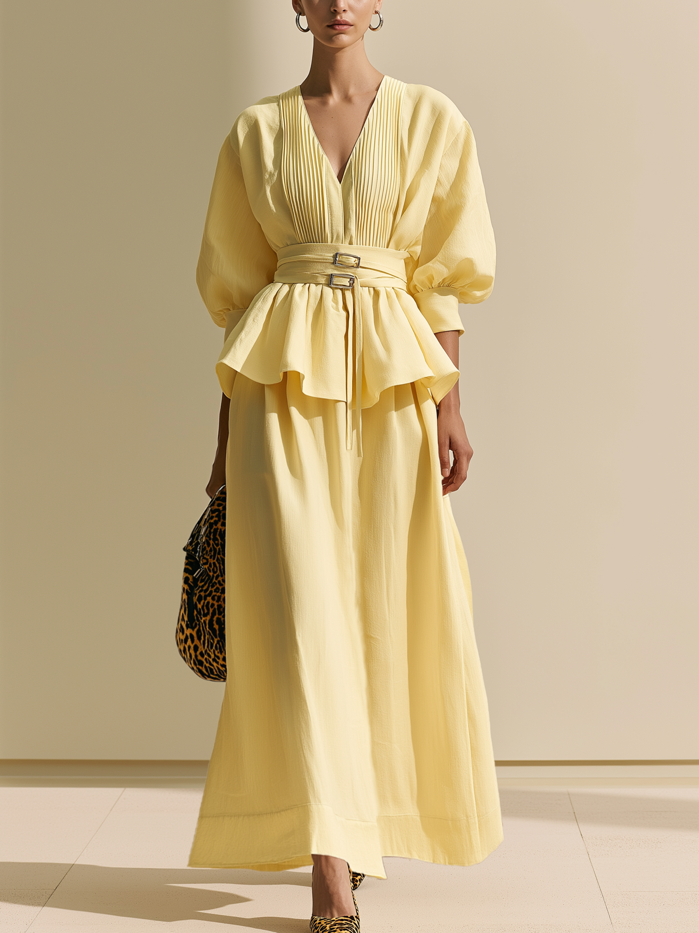 Cream Yellow Pleated Puff Sleeve Two-Piece Set