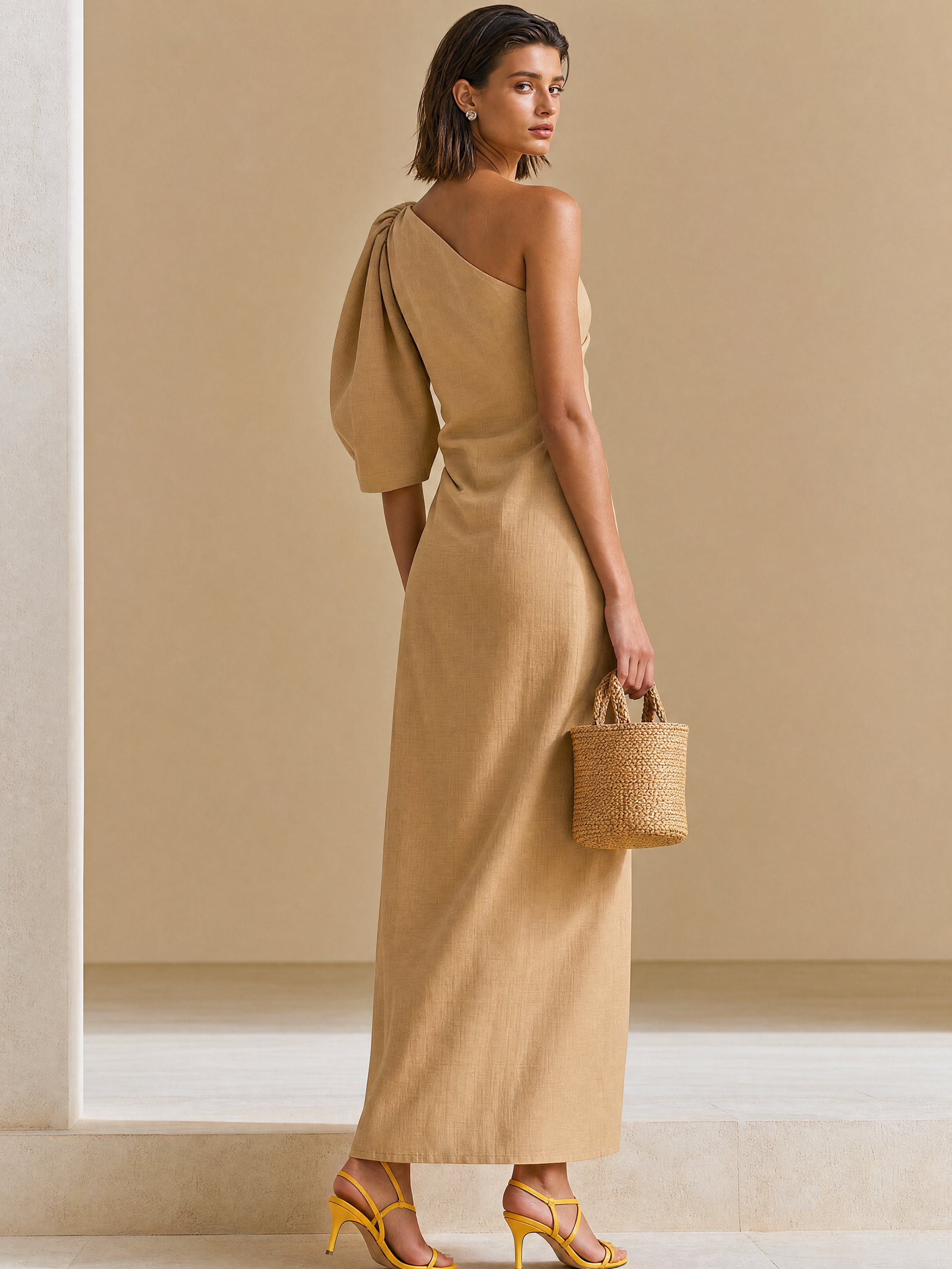 Earth Tone Twisted One Shoulder Slit Maxi Dress, Tencel Linen Relax Resort Gown