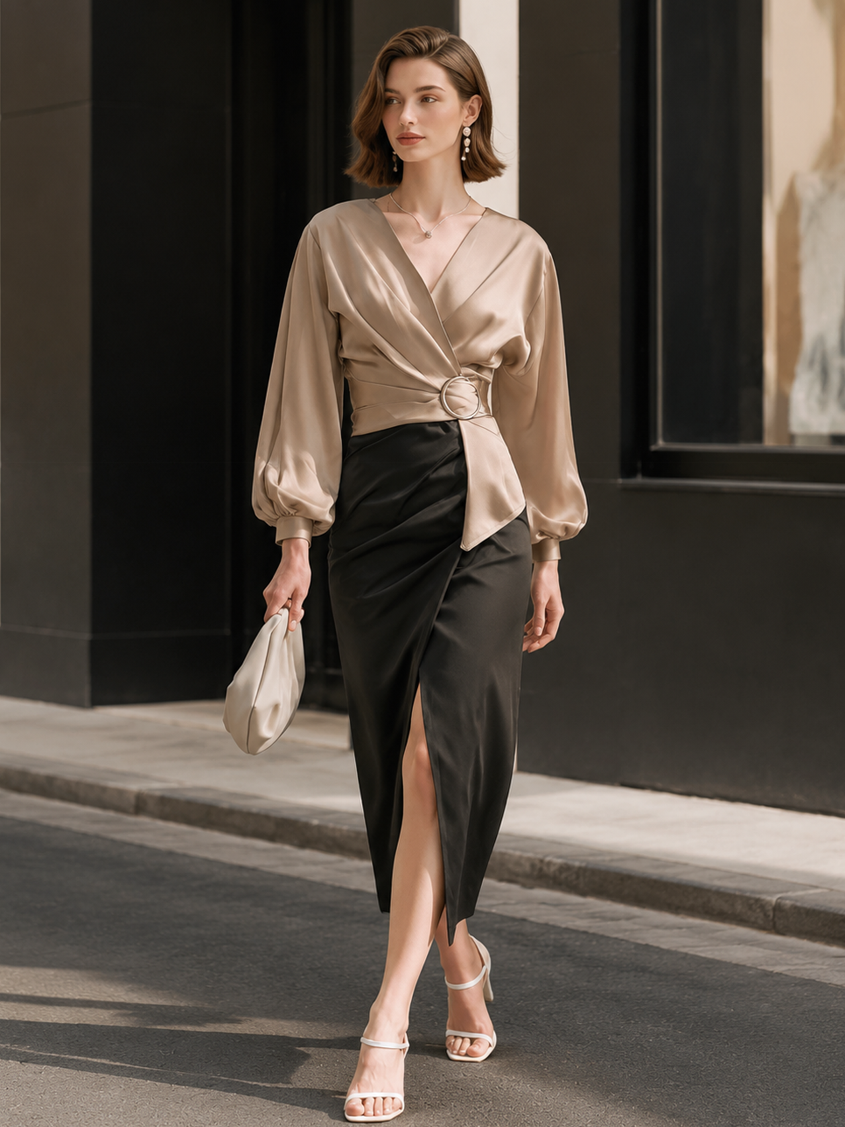 Elegant Taupe Wrap Blouse & High Slit Midi Skirt Set