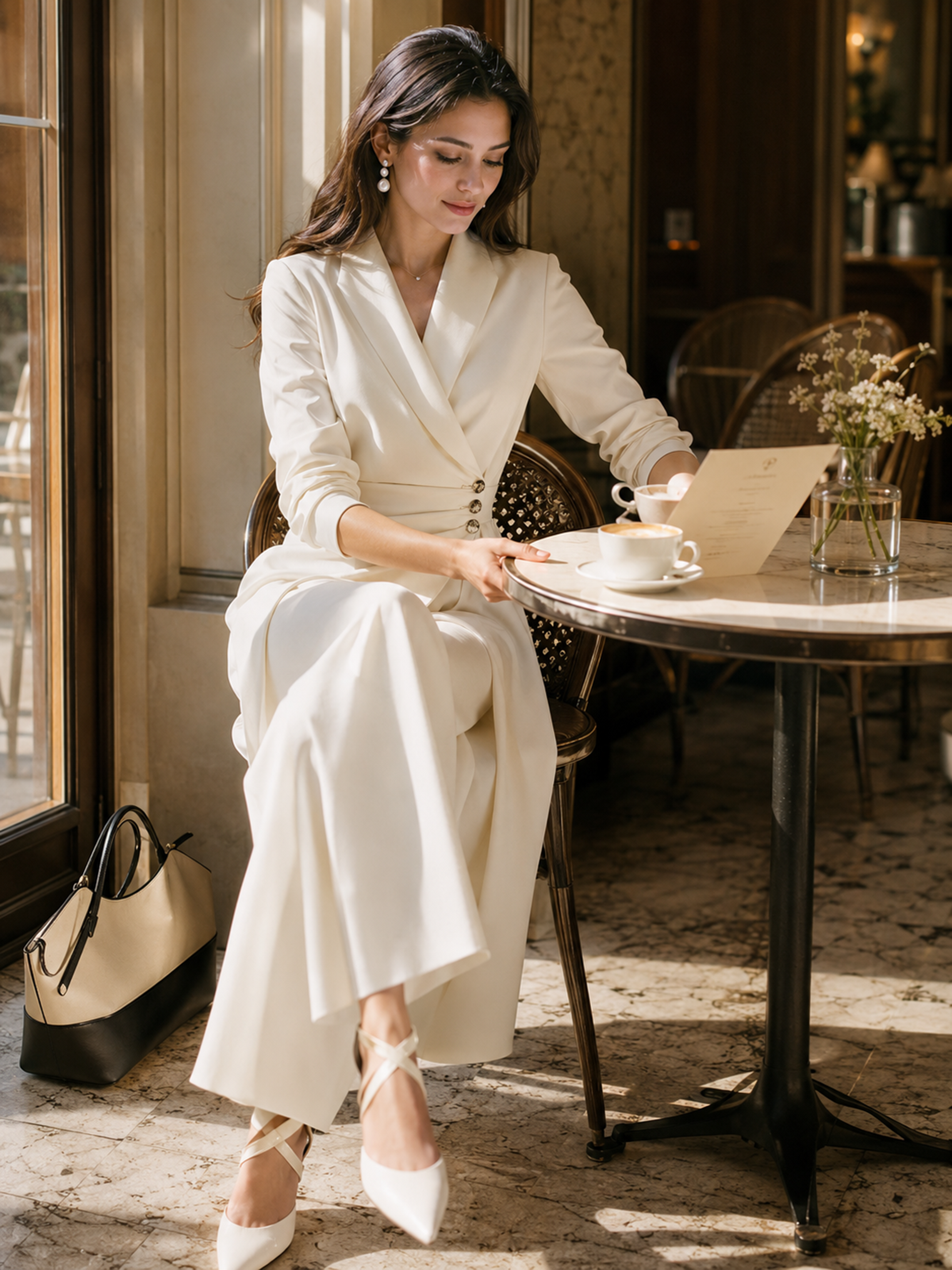 Cream White Lapel Wrap Waist Draped Maxi Dress
