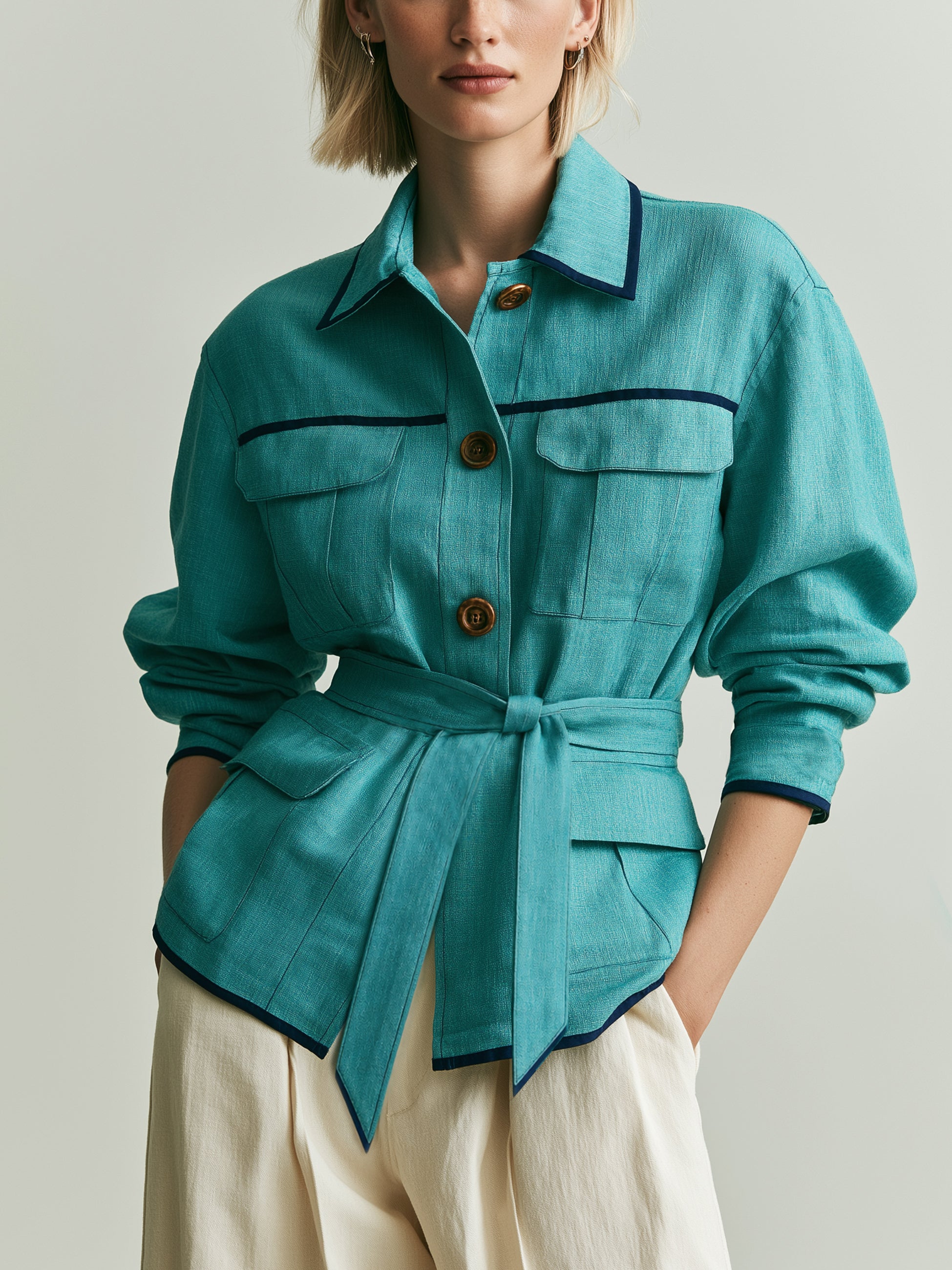 Linen Turquoise Casual & Resort Jacket With Contrast Piping
