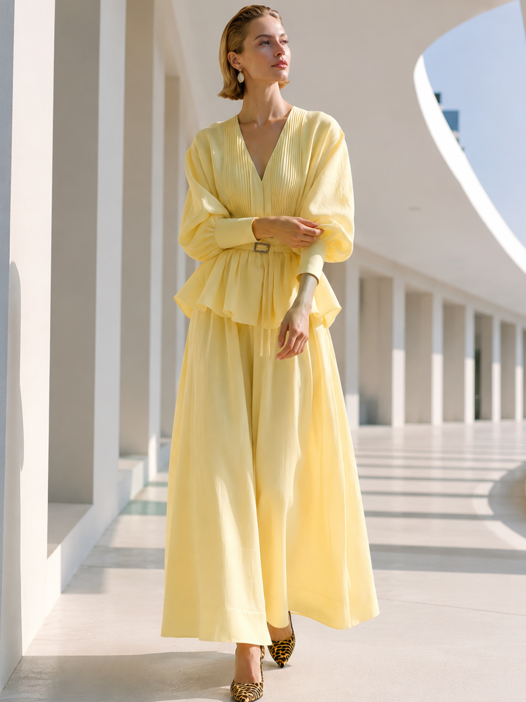Cream Yellow Pleated Puff Sleeve Two-Piece Set