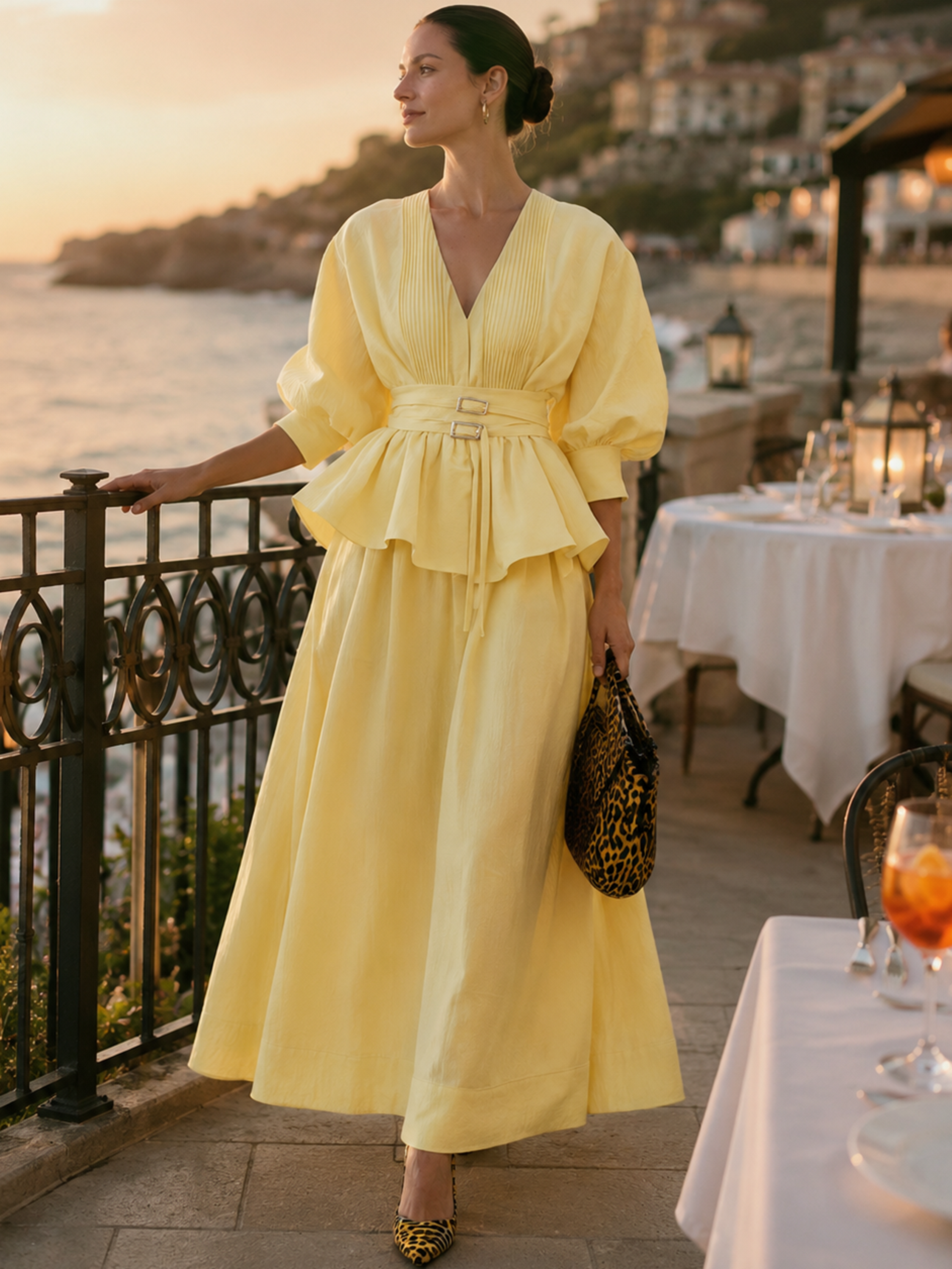 Cream Yellow Pleated Puff Sleeve Two-Piece Set