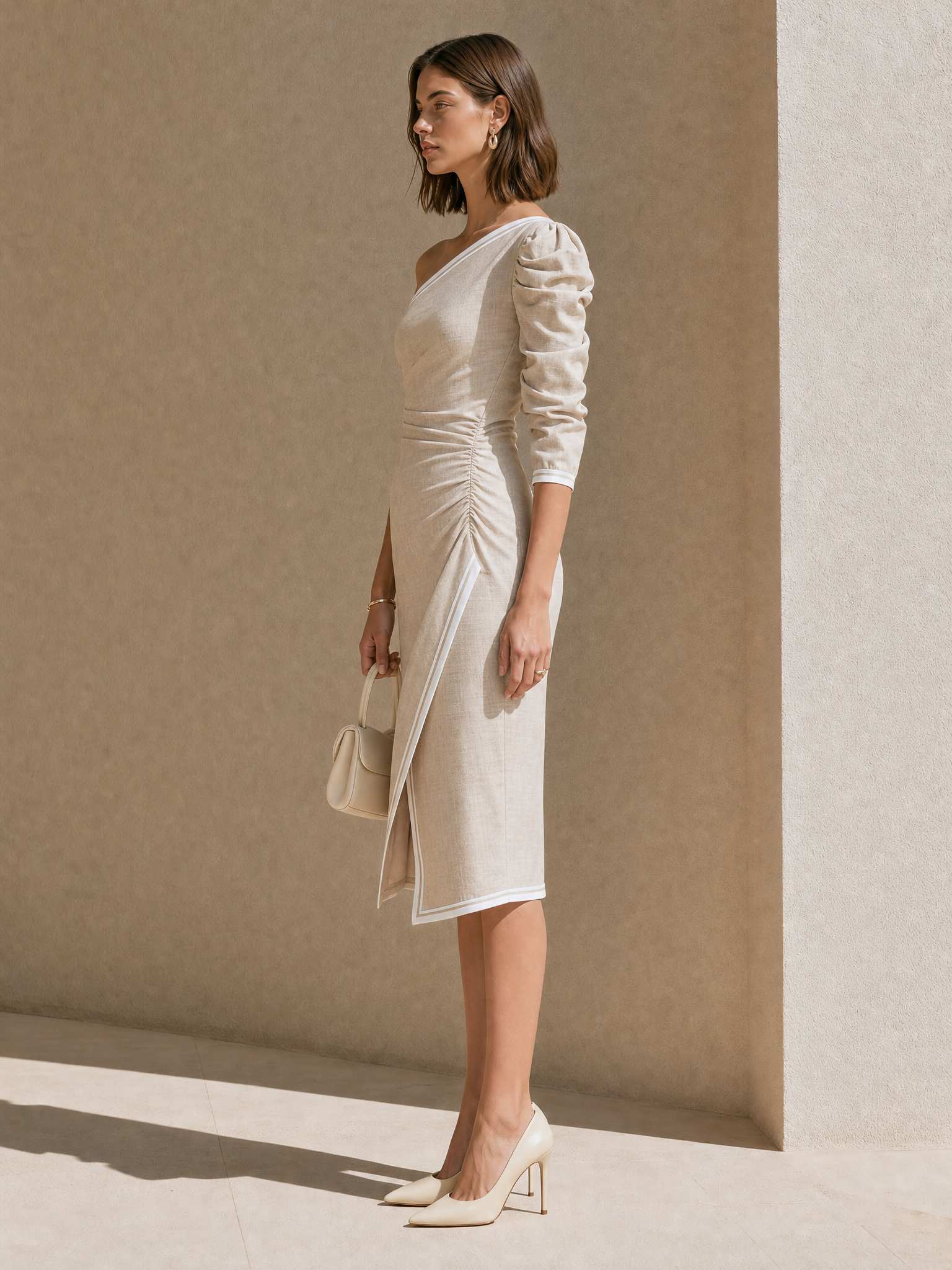 White One-shoulder, Half-sleeve Linen Midi Dress