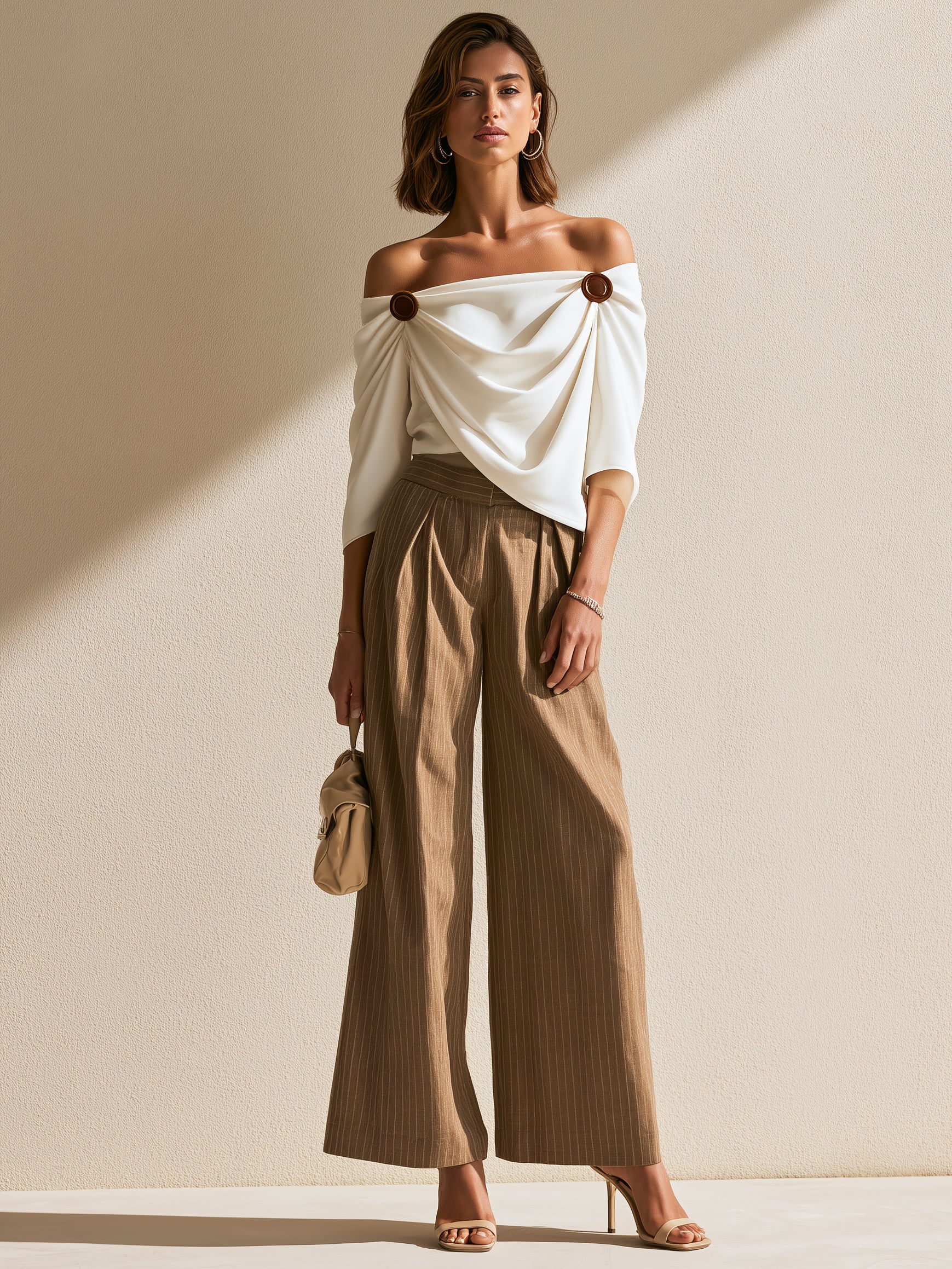 White Shawl-collar Top And Brown Trousers Set