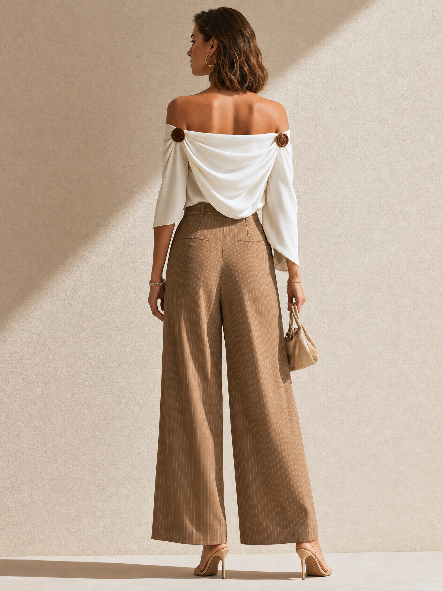White Shawl-collar Top And Brown Trousers Set