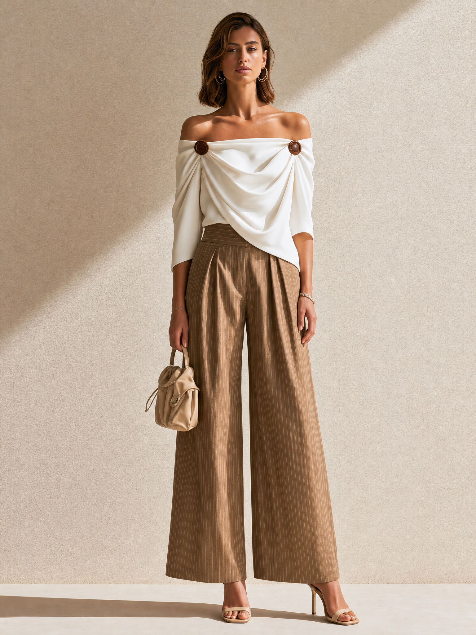 White Shawl-collar Top And Brown Trousers Set