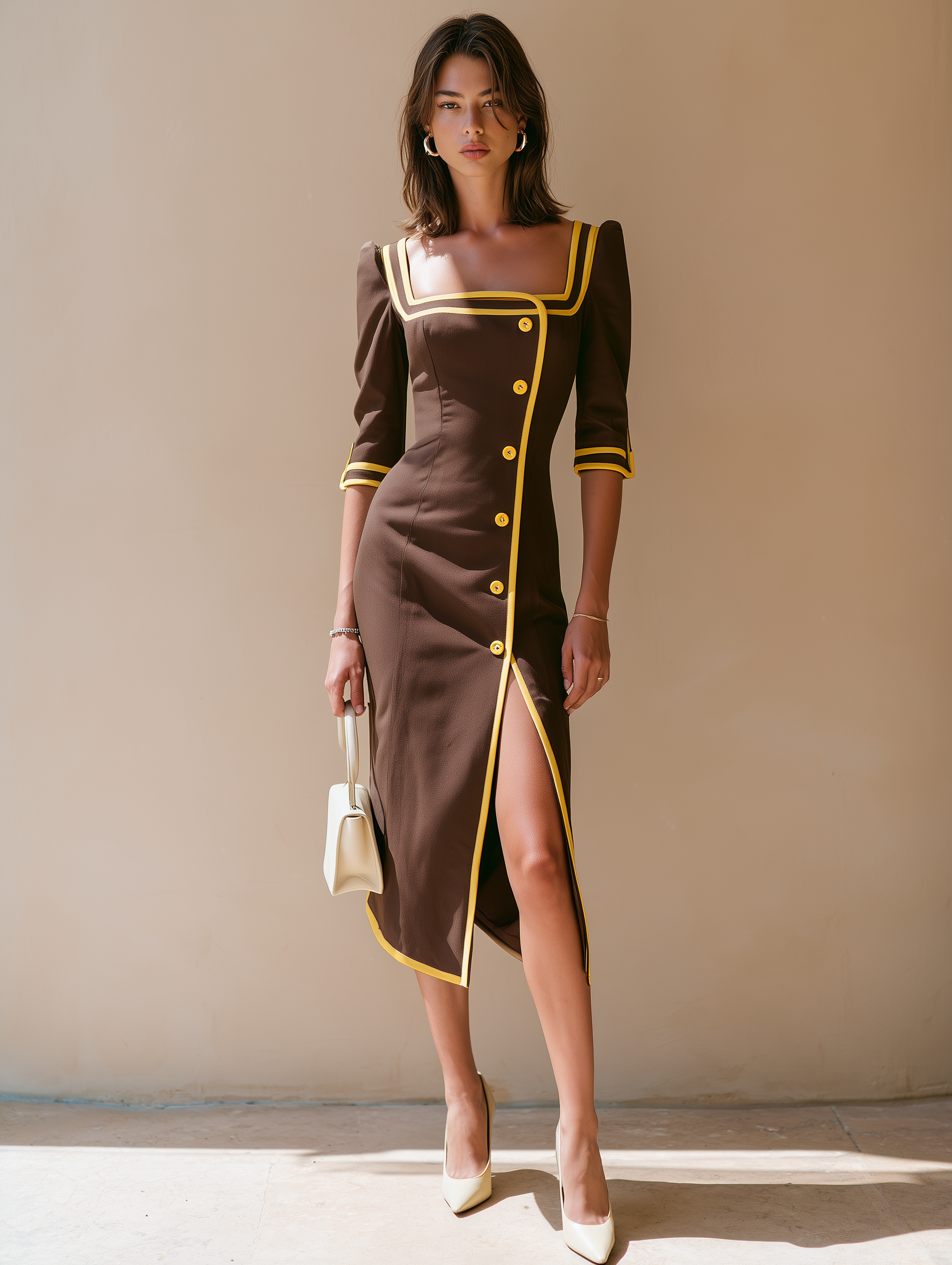 Tan And Yellow Color-block Piped Dress